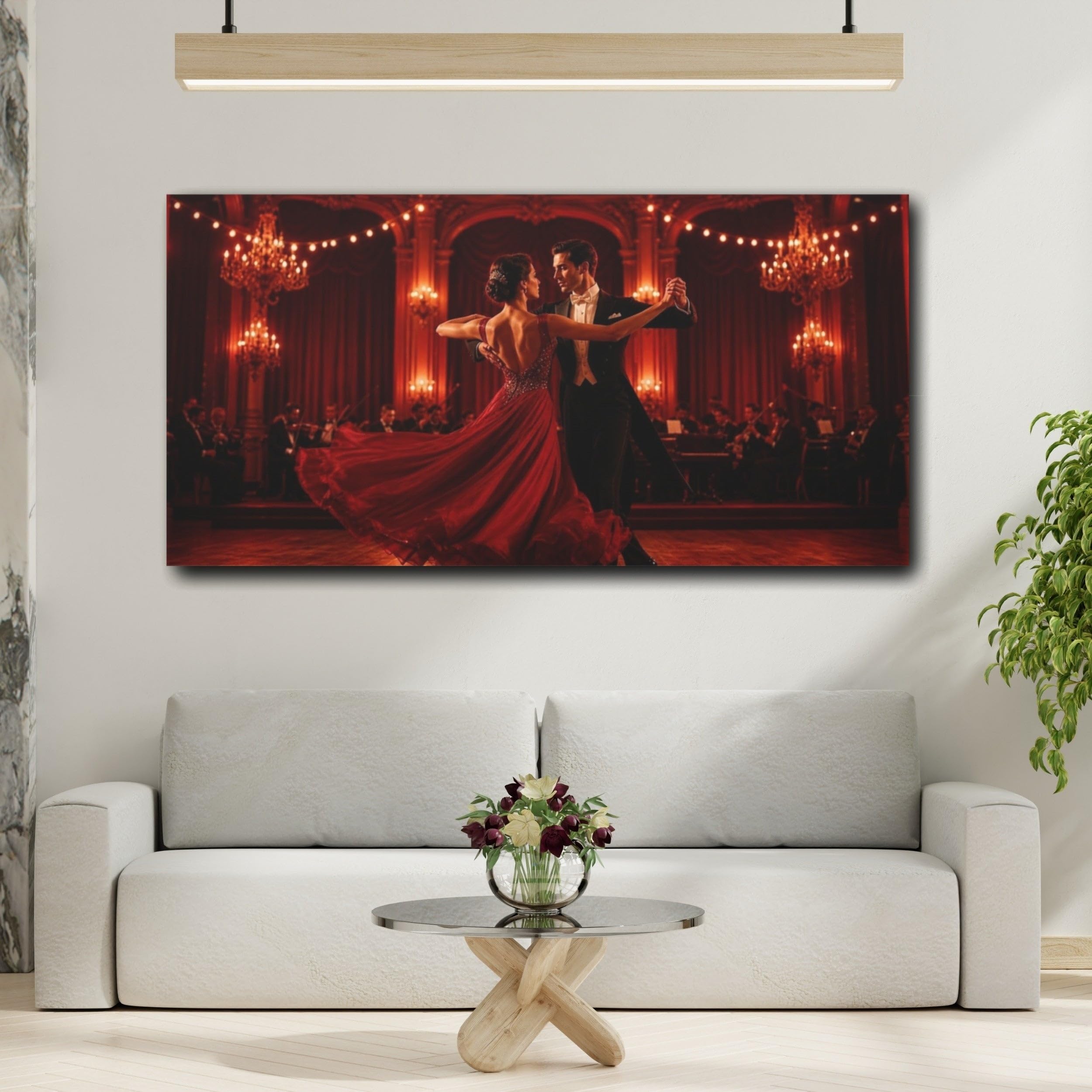 Crimson Ballroom Waltz Canvas Print – Living Room, Above Console Table 40×20 inch (100×50 cm) - Horizontal / 1.25 inch (3 cm)