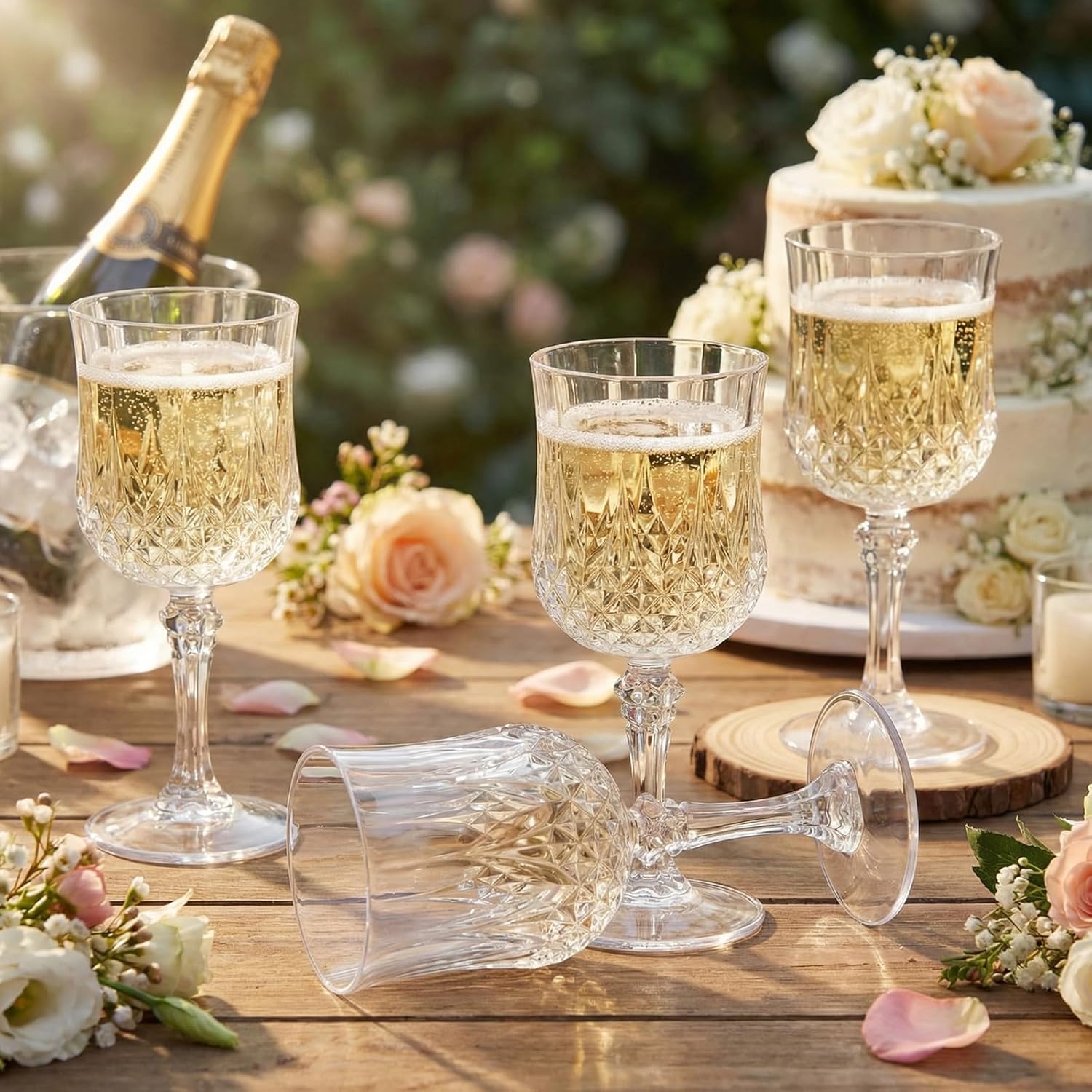 Domensi 20 Pcs Plastic Wine Glasses 7 oz Reusable Vintage Embossed Goblet Unbreakable Drinking Water Glasses Cup Champagne Flutes for Wedding Bachelor Halloween Party Supplies(Clear)