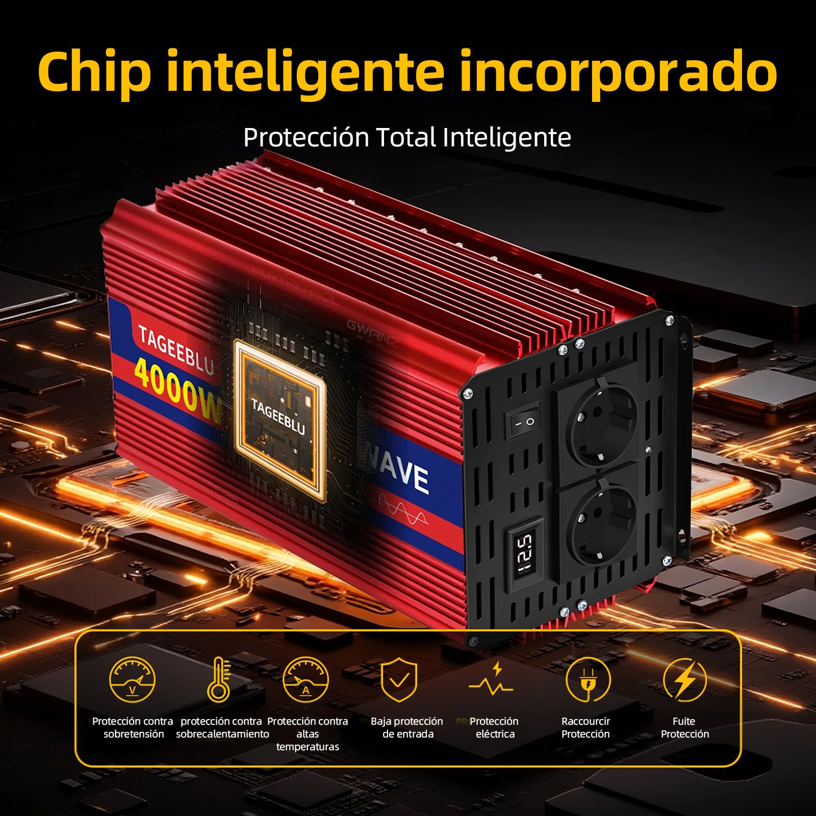 4000W inversor 12v 220v Onda Pura, convertidor 12v 220v con 2 AC Tomas, Pantalla LCD