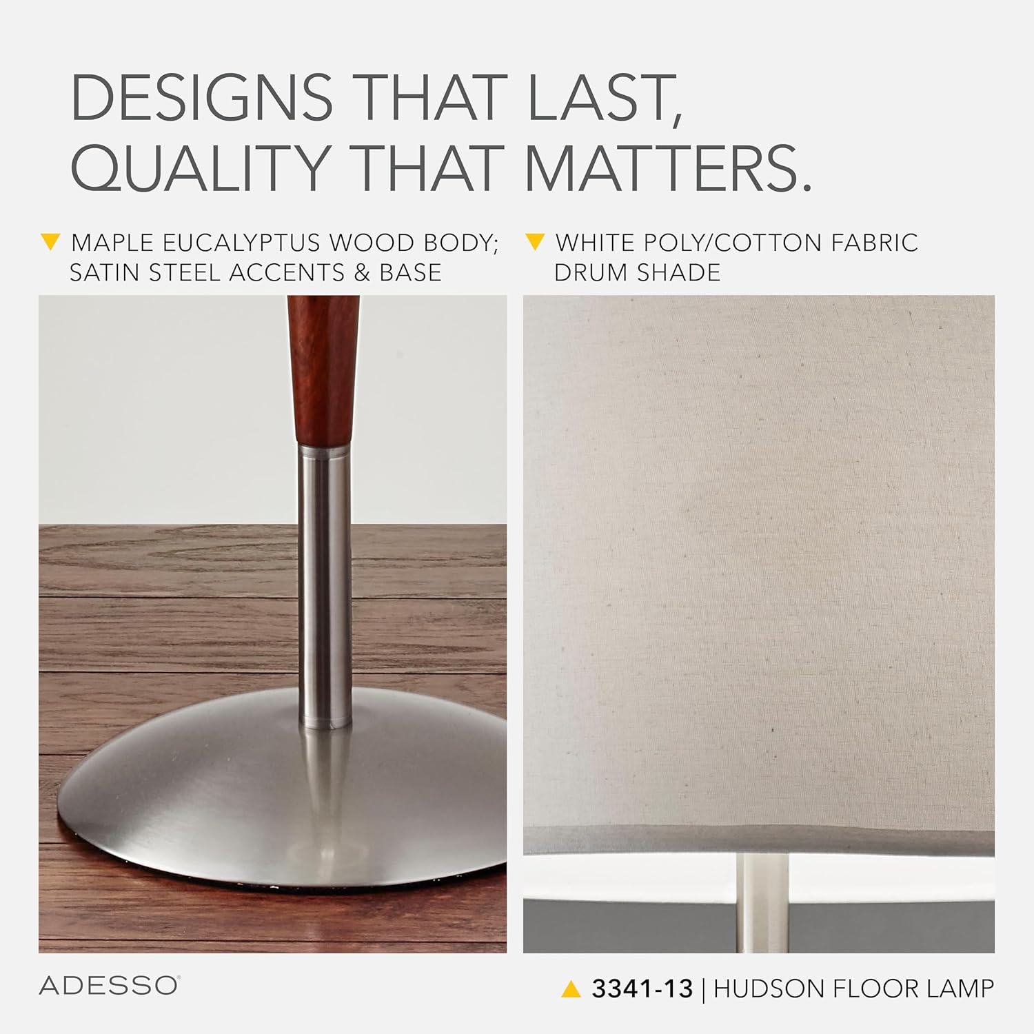 Adesso Hudson Floor Lamp - Adjustable Brightness, Perfect Lighting for Bedroom, Living Room and Corner Decor, Maple Eucalyptus Wood & Satin Steel Accents, Soft/White Lampshade