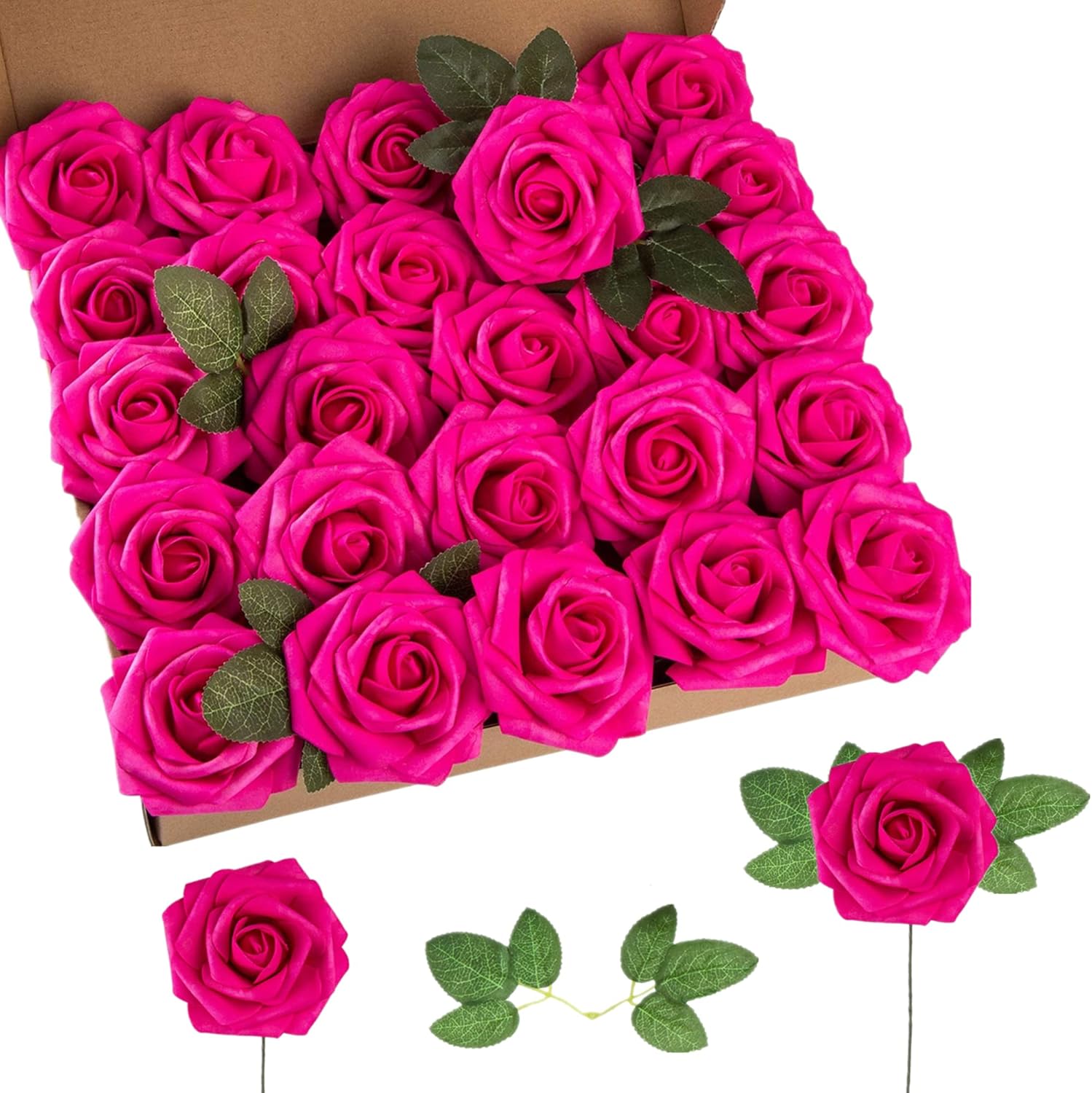 Artificial Flower Foam Rose 25pcs Real Looking Fake Rose with Stems Leaves for Home Decoration Party Garden Centerpieces DIY Wedding Bouquets(Hot Pink)