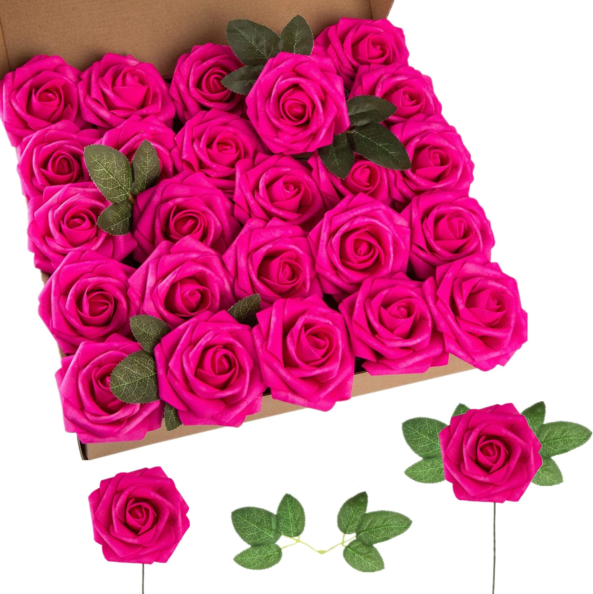 Artificial Flower Foam Rose 25pcs Real Looking Fake Rose with Stems Leaves for Home Decoration Party Garden Centerpieces DIY Wedding Bouquets（Hot Pink）