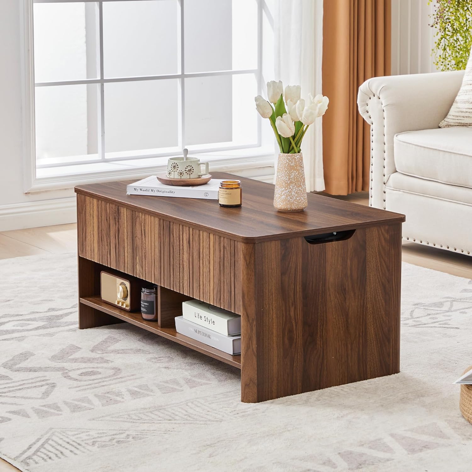 BERRYMERRY Wood Lift Top Coffee Table with Hidden Storage & Open Shelf, Mid Century Modern Fluted Rectangle Center Table Gaming Table for Living Room Office (Brown)
