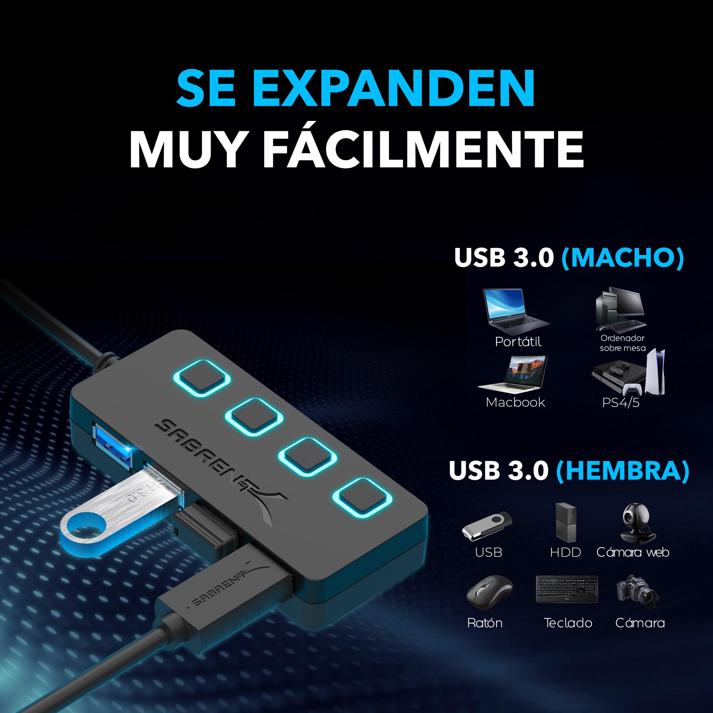 SABRENT Hub de 4 Puertos con interruptores de alimentación Individuales y Leds | USB 3.0 | Incluye Adaptador de Corriente de 5V/2.5A | para PS5, Xbox, PC, Ordenador portátil, Gaming [HB-UMP3]