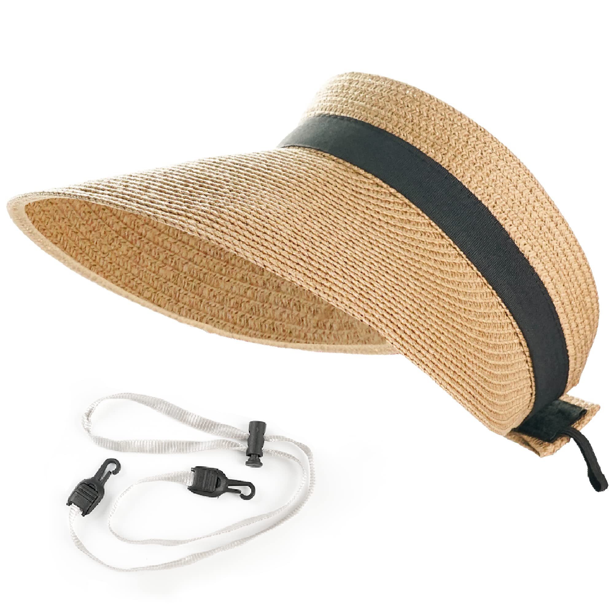 Women's Sun Straw Visor Hats, Beach Hat with Wide Brim,Adjustable Empty Top Summer Sun Protection Visor Hat, Foldable Roll Up Ponytail Cap for Women Khaki