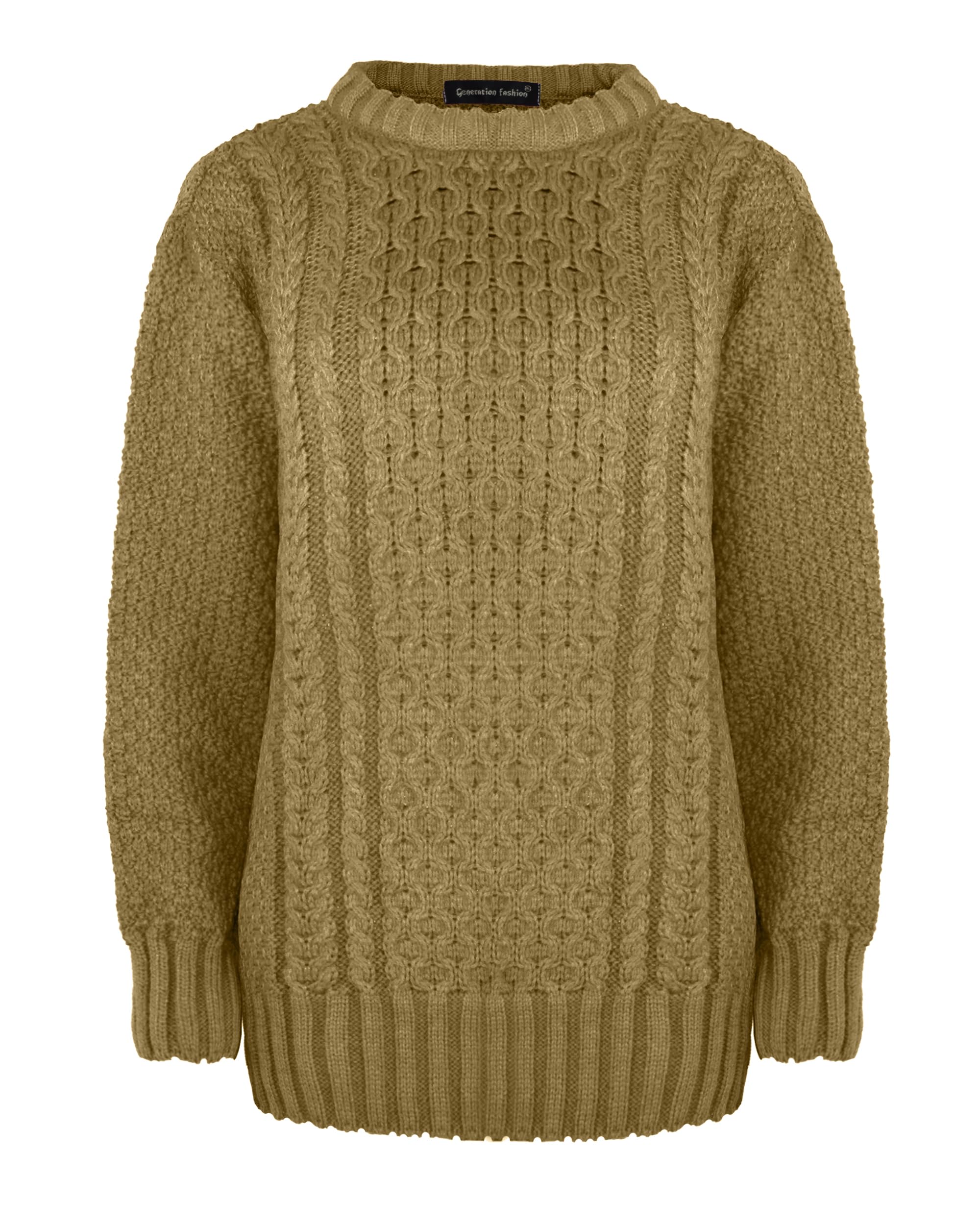 Generation Fashion New Ladies Women Aran Knit Long Sleeve Crew Neck Knitted Cable Jumper Sweater Pullover Top 8-30 (Mocha, 28-30)