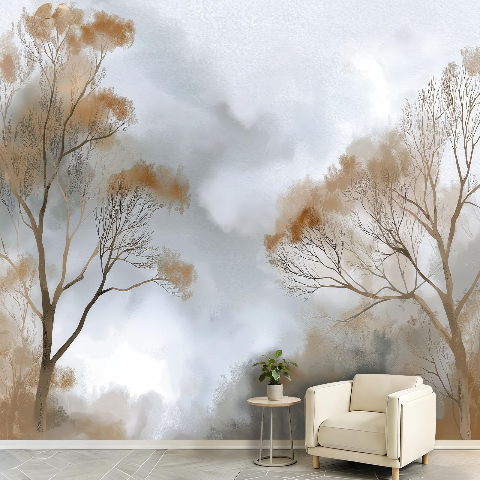 Papel pintado fotográfico con tinta botánica, 300 x 210 cm (ancho x alto), no tejido, impresión artística de alta calidad, póster decorativo, diseño moderno, árboles ahumados