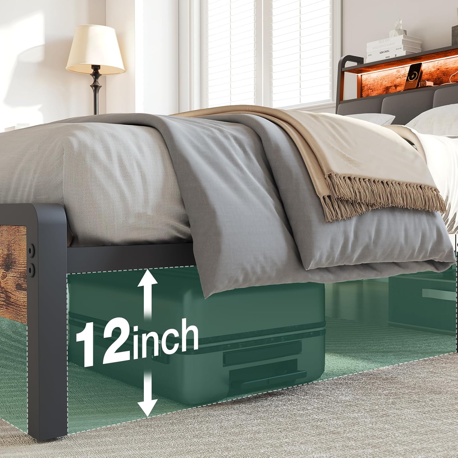 Novilla Queen Size Bed Frame With Headboard, Metal Frame With Lights & Charging, 12 Inches Storage Space, Heavy Duty Steel Slat Support, No Box Spring Needed