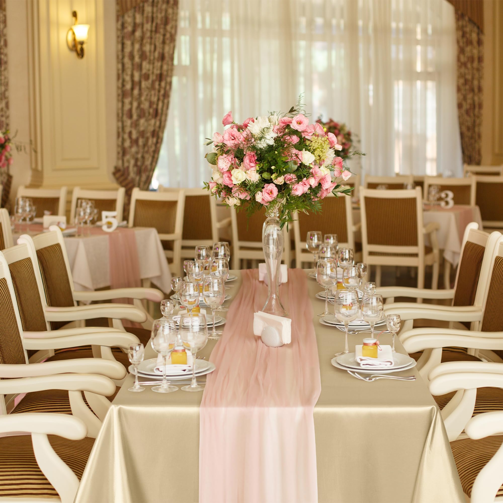 TURSTIN Confezione da 8 tovaglie in raso color champagne, 260 x 147 cm, sovrapposizione, rettangolari, in seta brillante, tessuto liscio, decorazione da tavolo, per matrimoni, banchetti, feste, eventi