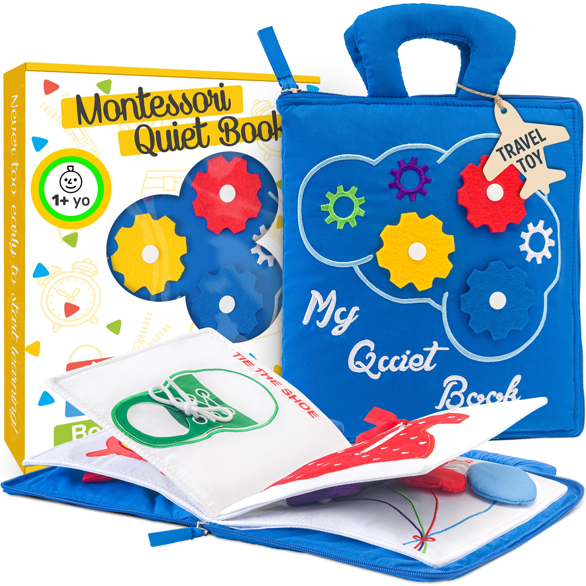 deMoca (Blue) - Montessori Activity Quiet Book - Toddlers Travel Toys Soft Busy Book - Early Preschool Learning Sensory How to Basic Life Skills Activities for Boys & Girls + Zipper Bag + eBook