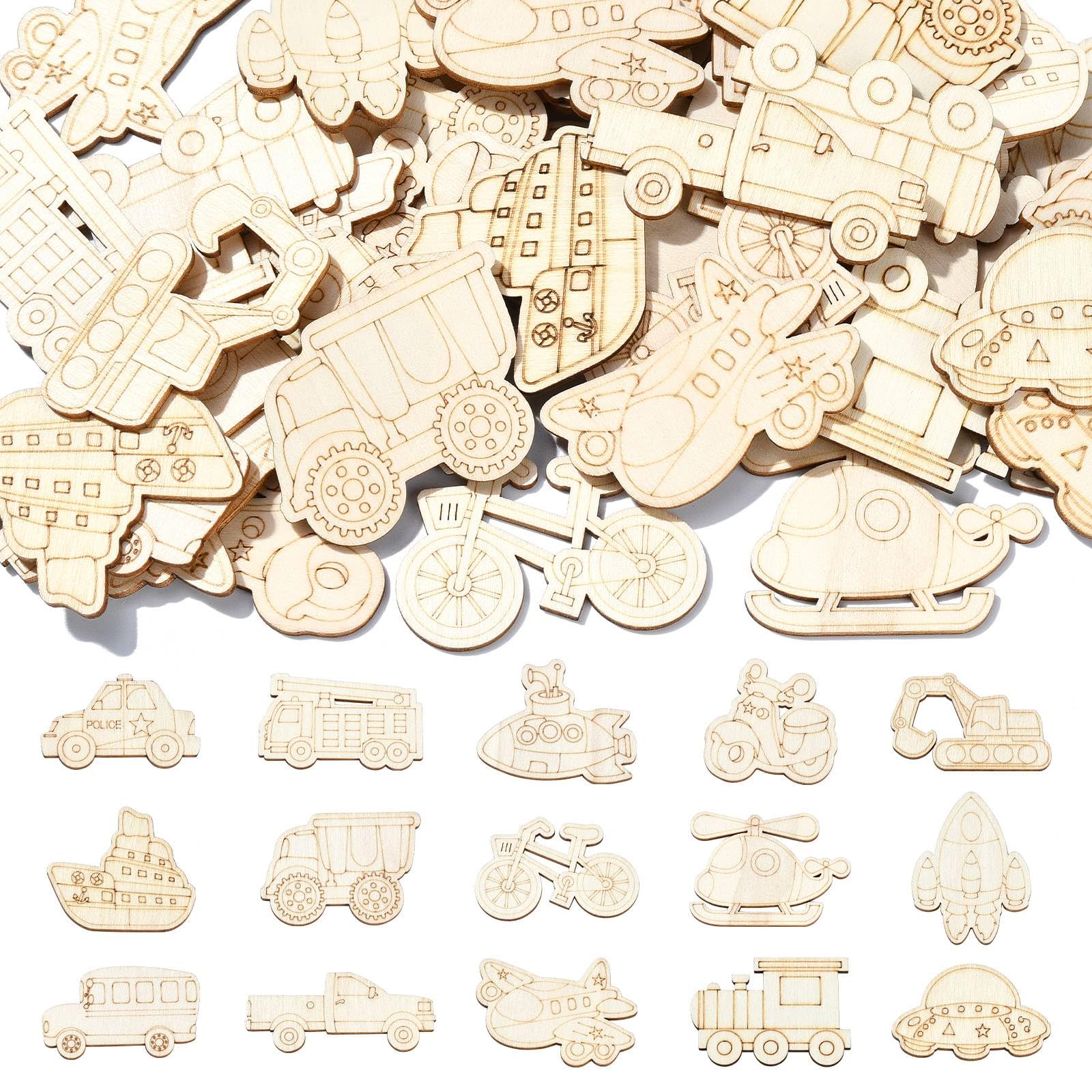 UR URLIFEHALL 100 Pcs Unfinished Vehicle Wood Cutouts Transportations Wooden Craft Shapes for Tag Decoupage DIY Scrapbooking Card Making