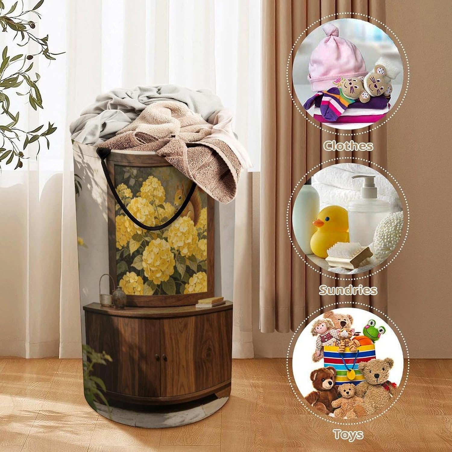 Wenge Stil De Grain Yellow Squirrel Hydrangea Laundry Hamper with Handles Waterproof Collapsible Laundry Basket Large Lightweight Round Dirty Clothes Hamper for Home Dorm Bathroom Decor