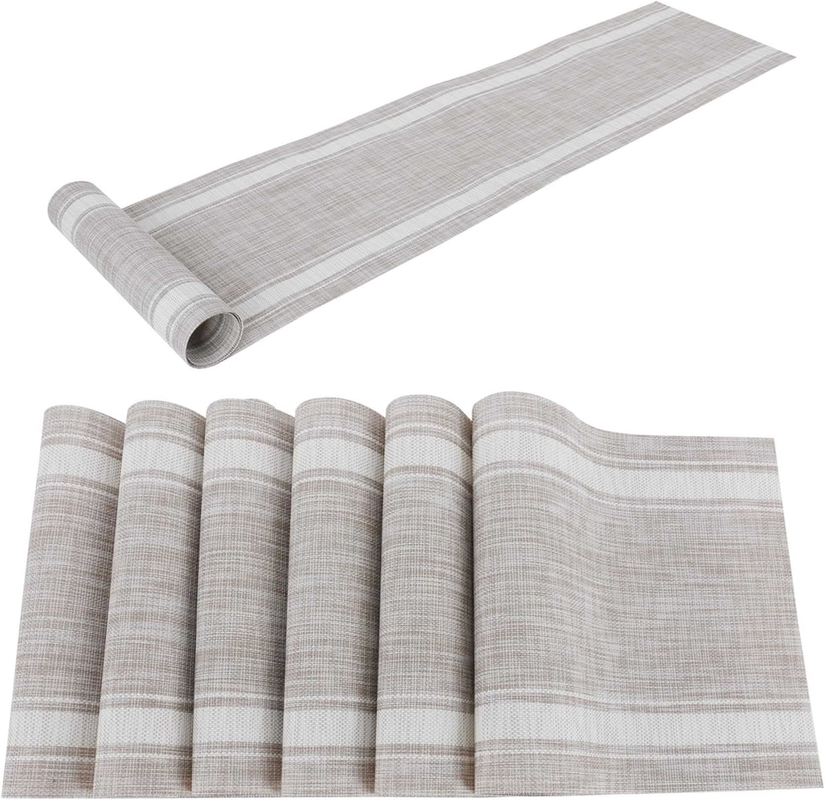 Placemats Set of 6 and Table Runner Set,Washable Easy Clean PVC Heat Resistant Farmhouse Modern for Various Tables Decorate in Kitchen Dinner Restaurant(White)