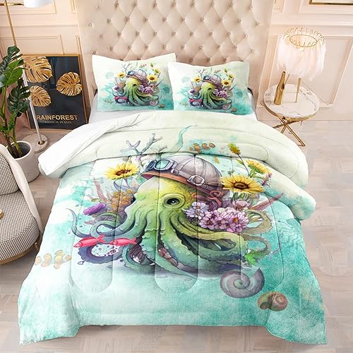 CVHOUSE Juego de edredón de pulpo, tamaño individual, juego de ropa de cama de pulpo para niños, juego de edredón de 3 piezas, color océano