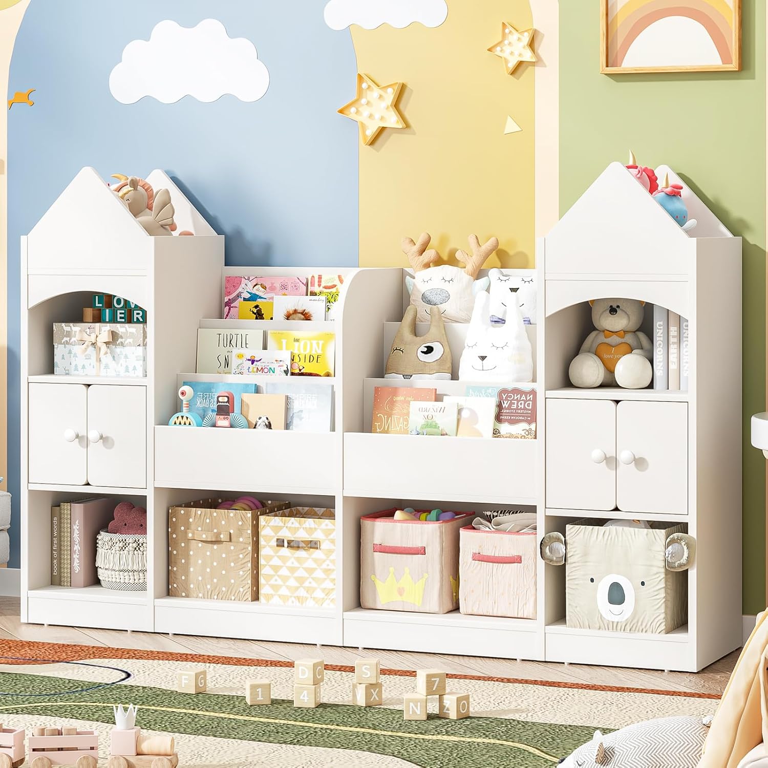 Vabches Castle Shape Children's Bookshelf, Kids Bookcase Display Case Kids Toy Storage Organizer Multifunctional Storage Cabinet Bookshelf Suitable for Playroom, Children's Room, Living Room, White
