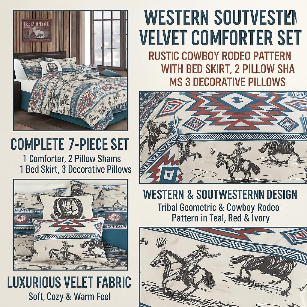 WPM WORLD PRODUCTS MART 7 Piece Western Cowboy Bedding Set, Southwestern Aztec Pattern Velvet Comforter, Ranch Farmhouse Style Teal and Red Horse Riding Design (Queen) - Image 9
