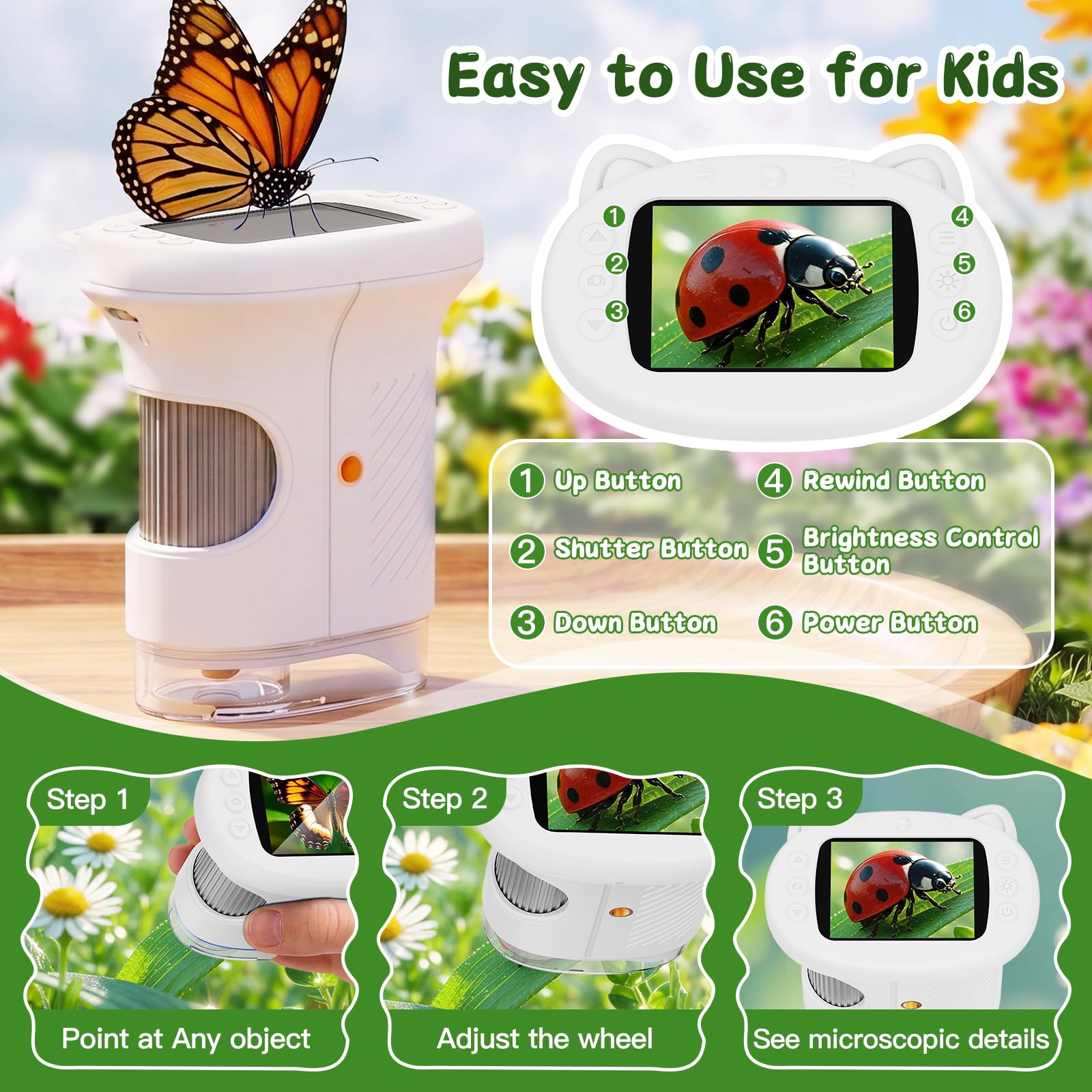 Microscope Portable pour Enfants, Microscope Numérique 1000x avec Écran IPS 2,4 Pouces, Fonction Photo et Compatible PC, Microscope pour Jardin, Forêt et Activités en Plein Air (Blanc)