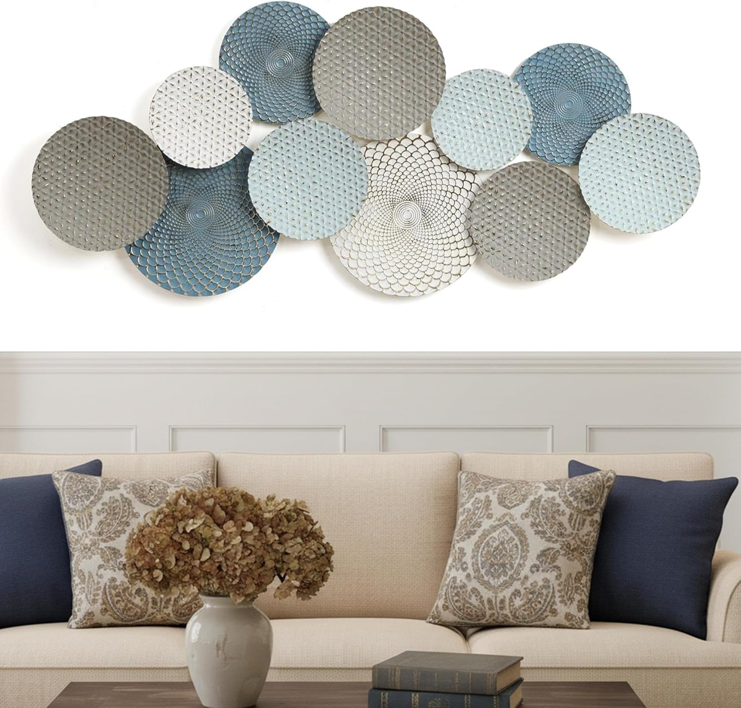 Soul Relaxation Large 3D Metal Wall Art Decor - Large Blue Round Rustic Wall Sculpture for Living Room & Dining Room