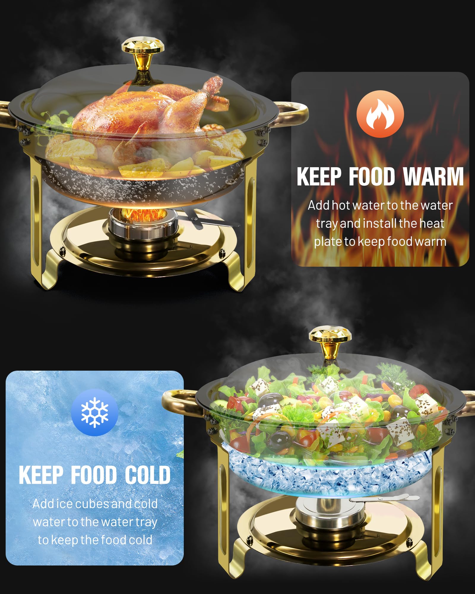 6L Scaldavivande per buffet, Chafing Dish Rotondo in Acciaio Inox, 4 Pezzi | Scaldavivande Buffet per Alimenti Caldi e Freddi con Portacoperchio, per Catering Ristoranti Feste Matrimoni, Oro e Argento