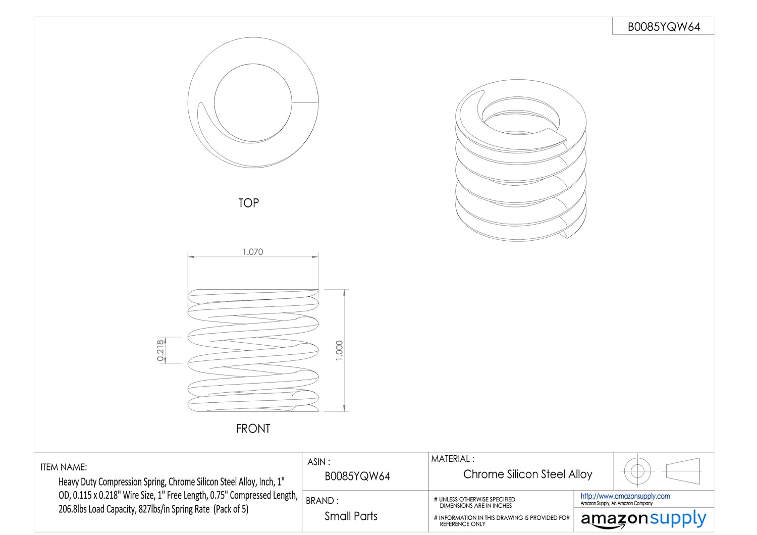 🔥 Cashback up to 70% Heavy Duty Compression Spring, Chrome Silicon Steel Alloy, Inch, 1 OD, 0.115 x 0.218 Wire Size, 1 Free Length, 0.75 Compressed Length, 206.8lbs Load Capacity, 827lbs/in Spring Rate (Pack of 5)