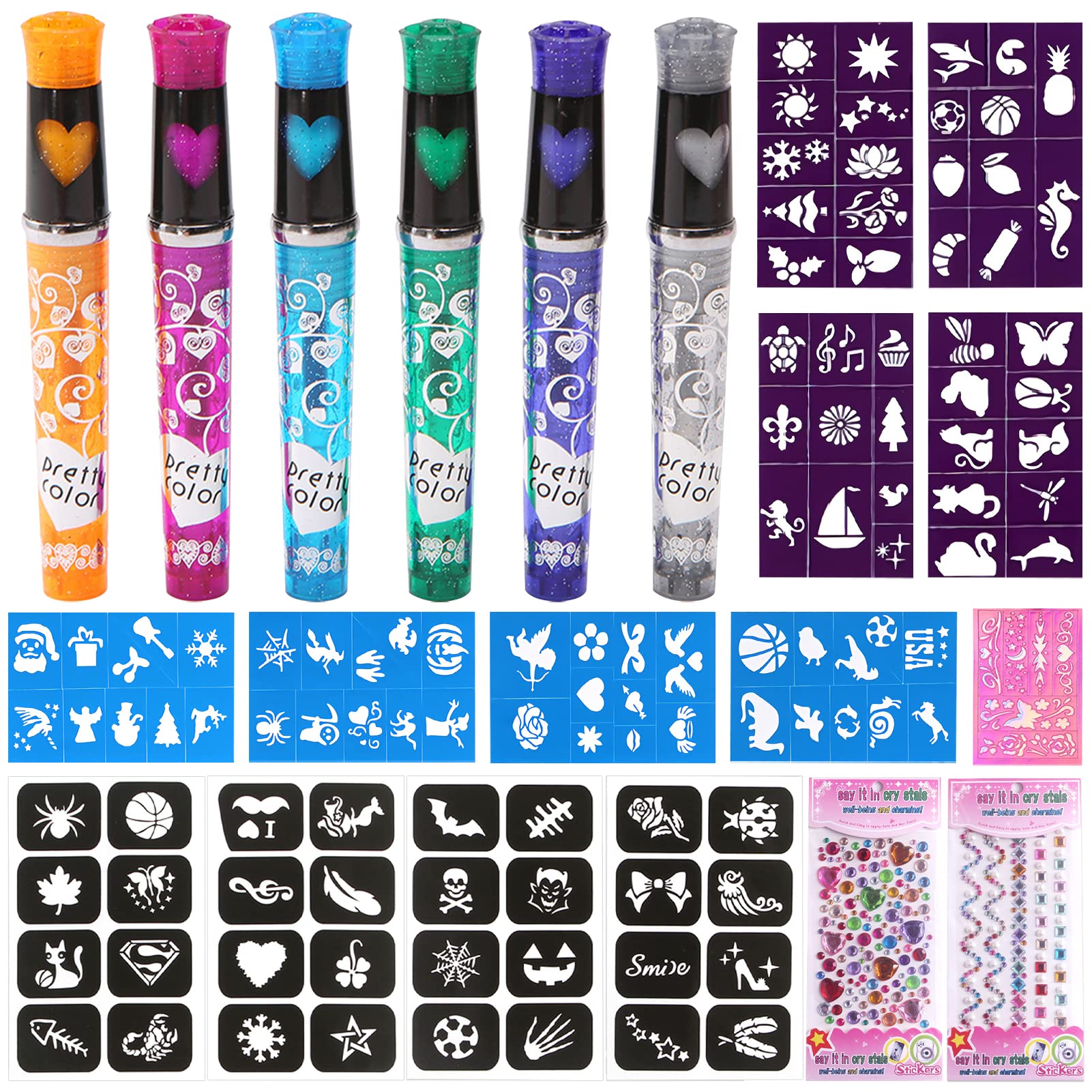 Shinybox 6 Piezas Rotuladores Tatuajes Temporales, 13 Piezas Tatuajes Plantillas, Kit de Tatuajes Temporales Tattoo Purpurina Niñas, Rotulador Tatuaje para Fiesta Cumpleaños Halloween