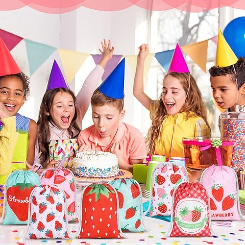 Miniatura 4 de Kajaia 24 bolsas de regalo de fresa con cordón para regalo, lindas bolsas reutilizables para niños, cumpleaños, fiesta de frutas, baby shower,