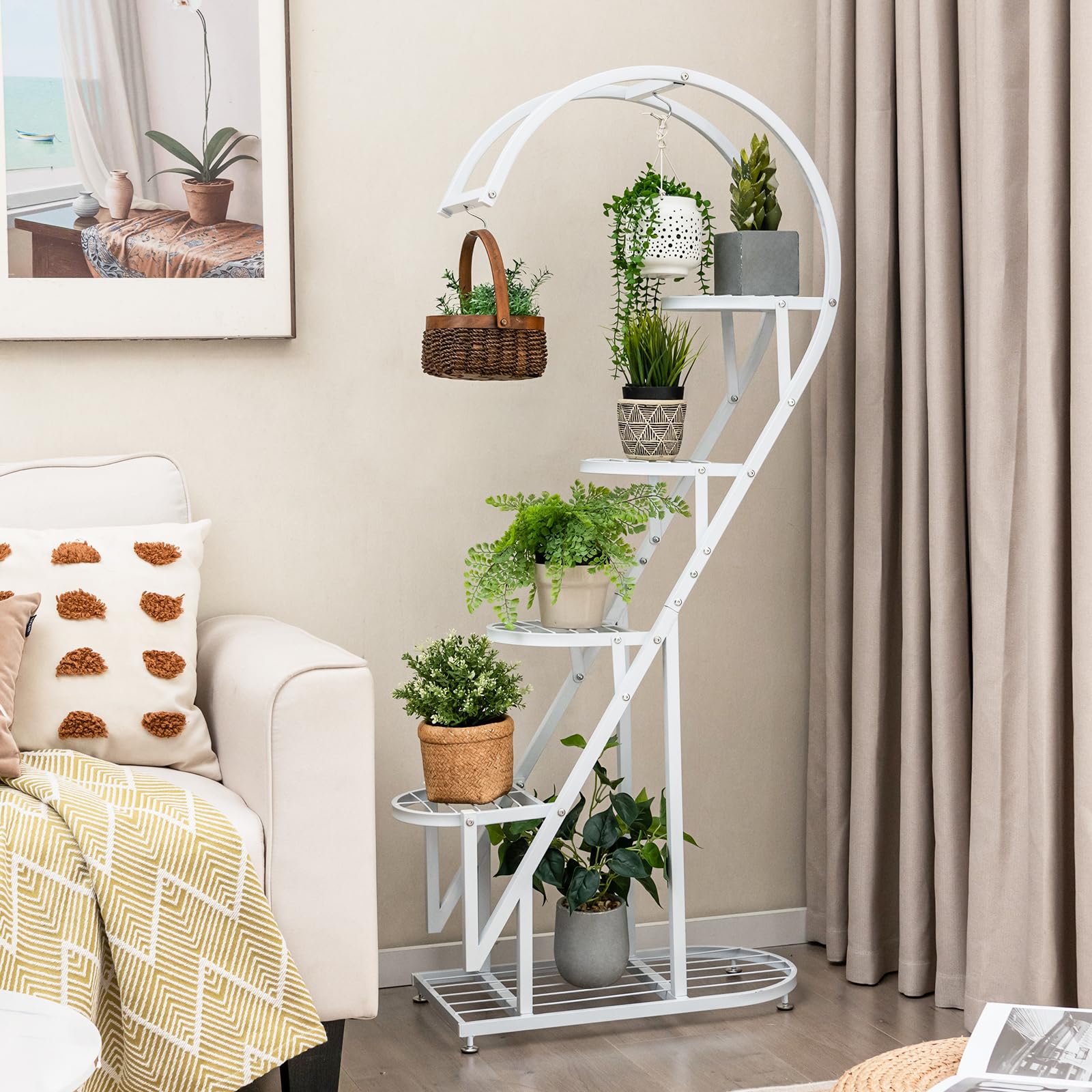 COSTWAY 5-stufiger Metall Pflanzenständer Herzförmig, Blumenregal mit Haken, Leiter Pflanzenregal Kippschutz, Pflanzenleiter Blumenständer, für Garten Balkon Wohnzimmer (Weiß)