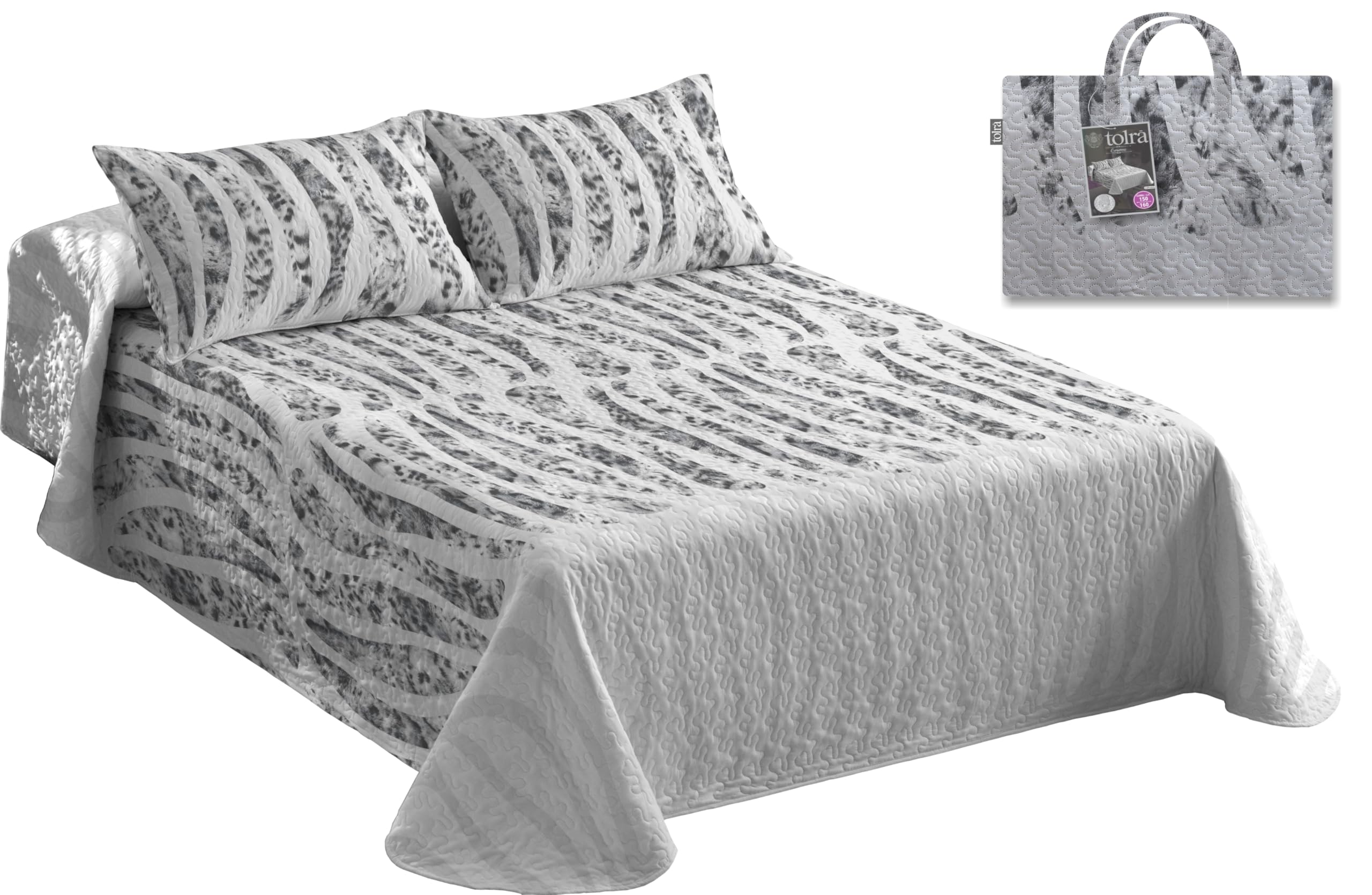 Tolrá - Colcha Cubrecama Bouti Estampada para Primavera y Verano | Incluye Funda de Cojín 50x70cm | 100% Microfibra Muy Suave (Calendula Gris, Cama 150-160cm con 2 Fundas de Cojín)