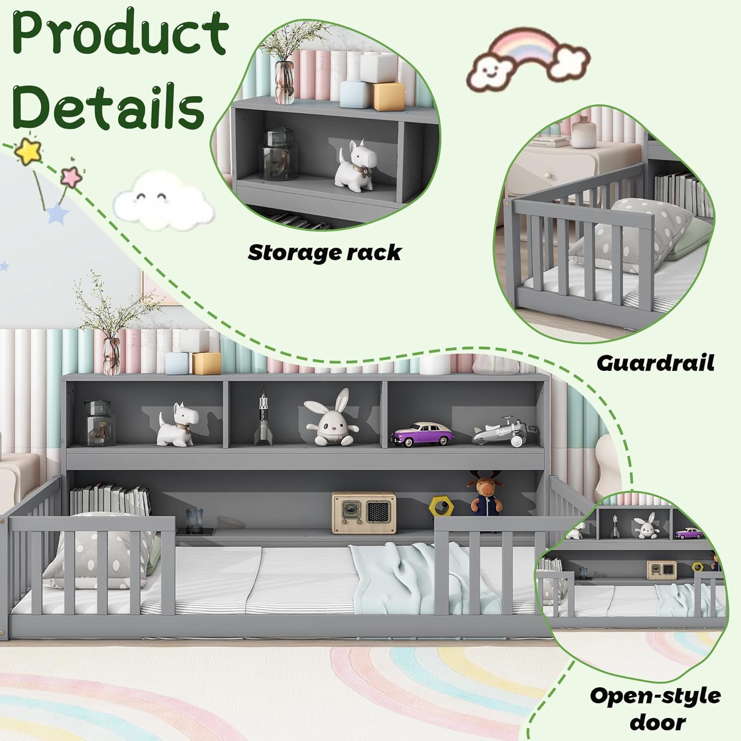 Kids Montessori Floor Bed, Twin Size Floor Bed with Bookcase and Guardrails, Kids Beds with Storage for Girls,Boys,No Box Spring Needed,Without Slats, Grey