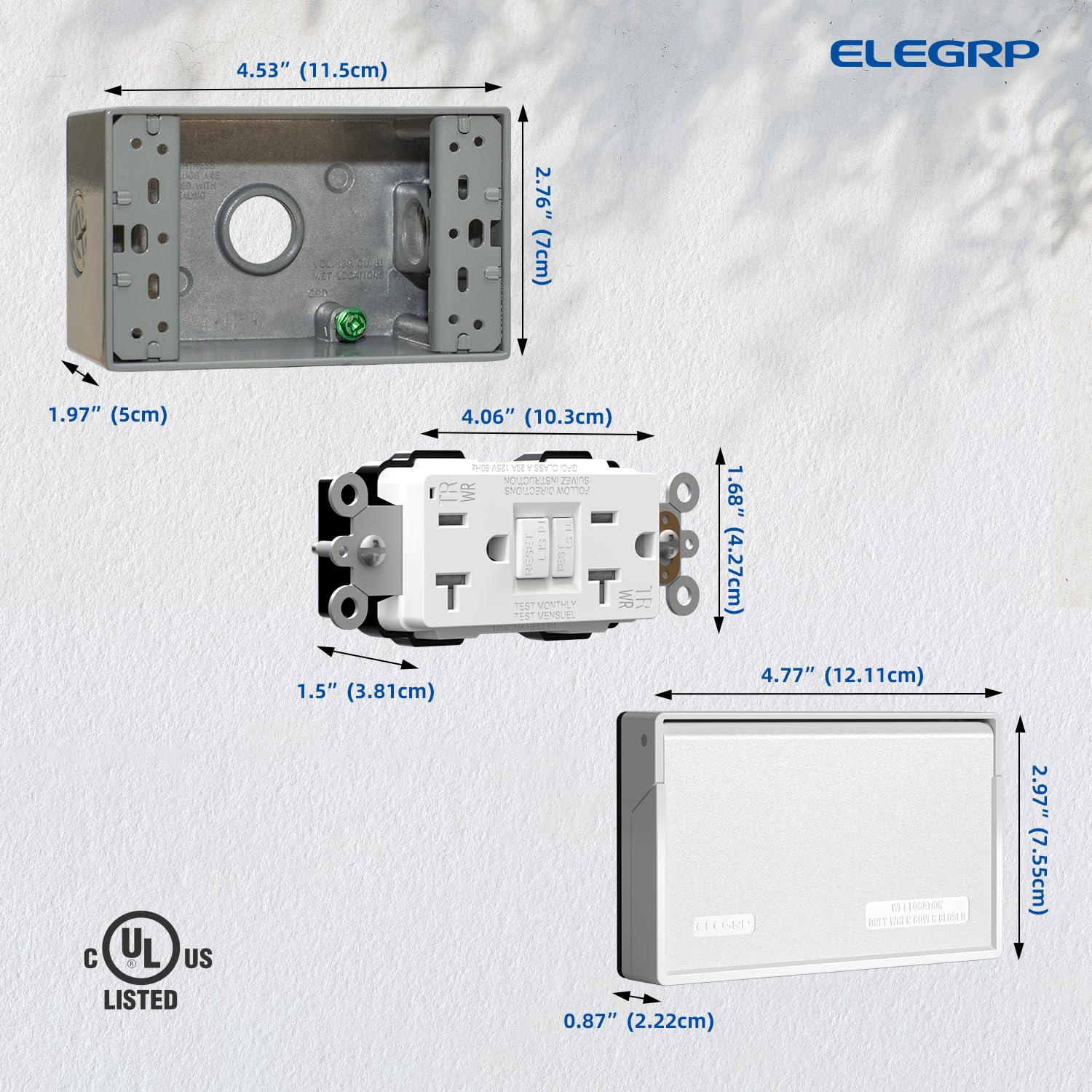 ELEGRP GFCI Kit de prise électrique 20 A, WR, avec plaque murale horizatale résistante aux intempéries, blanc, 1 paquet