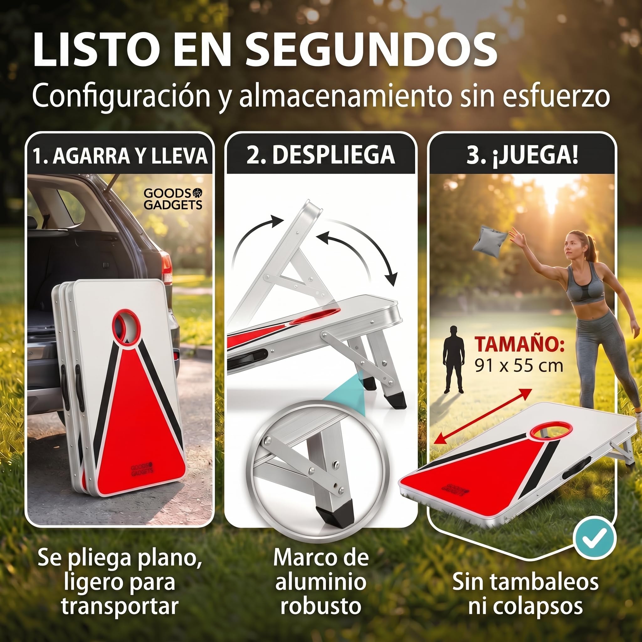 GOODS+GADGETS® Cornhole XXL Set - Juego de Sacos Jardín | 8 sacos de arena extragrandes - plegable y listo para jugar - interior y exterior para toda la familia