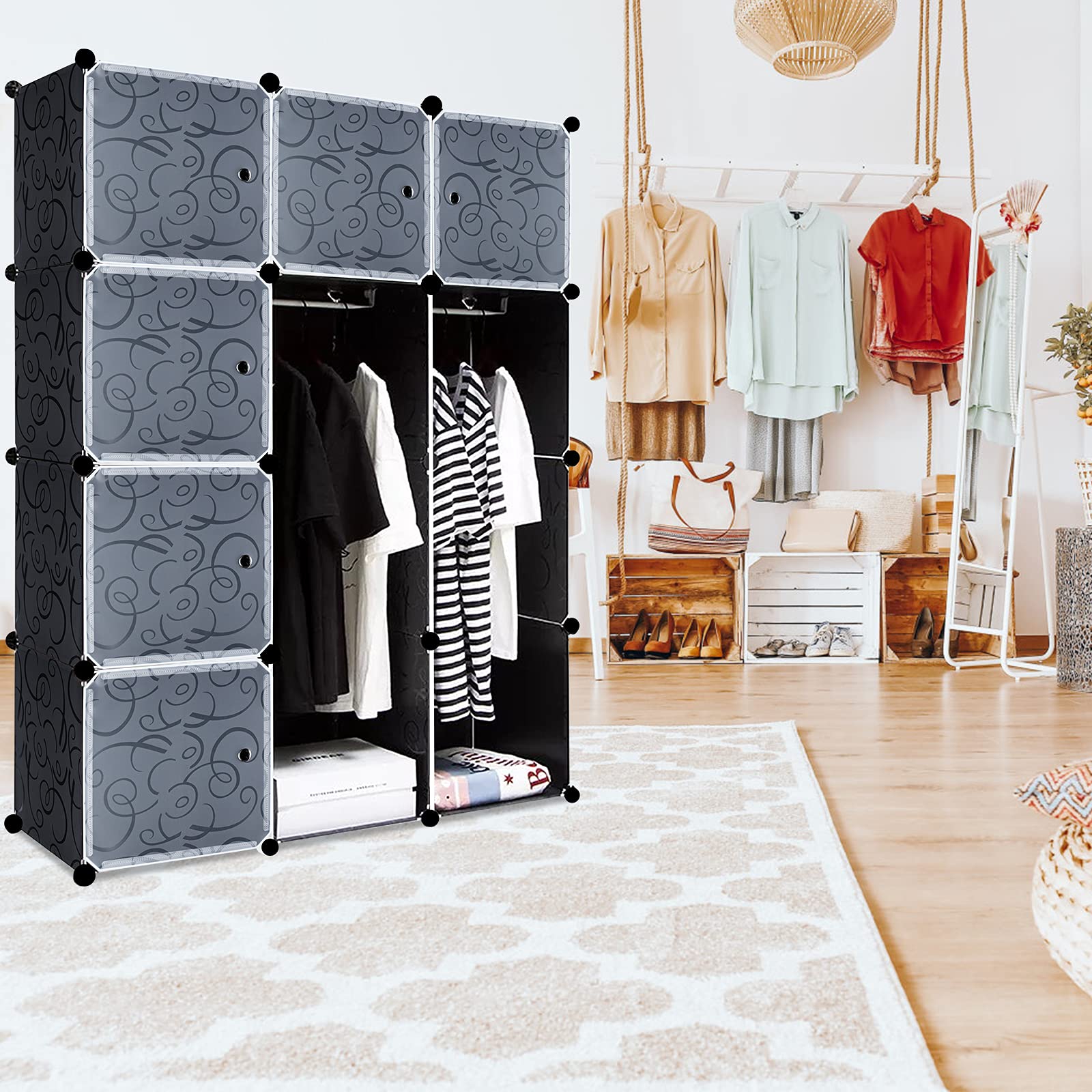 Système d'étagères de rangement avec portes en plastique PP robuste et durable - Noir - 12 boîtes avec porte