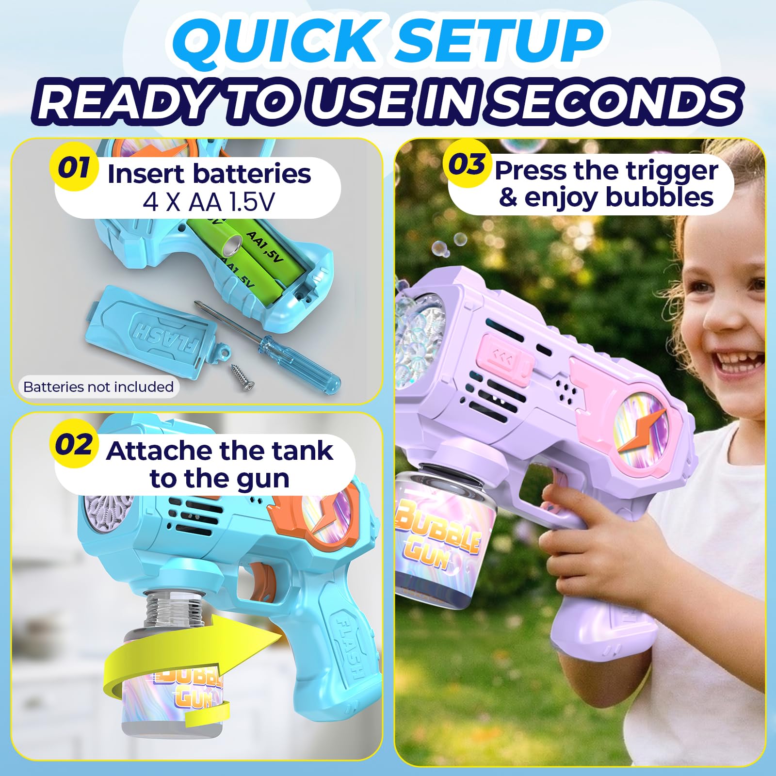 Blubbel 2x Sparabolle di Sapone LED, Pistola Giochi, Macchina Automatica, Bubble Gun, Cannone d’Aria, Giocattolo Matrimonio, Regalo Estivo Bambini, 1L Liquido Incluso