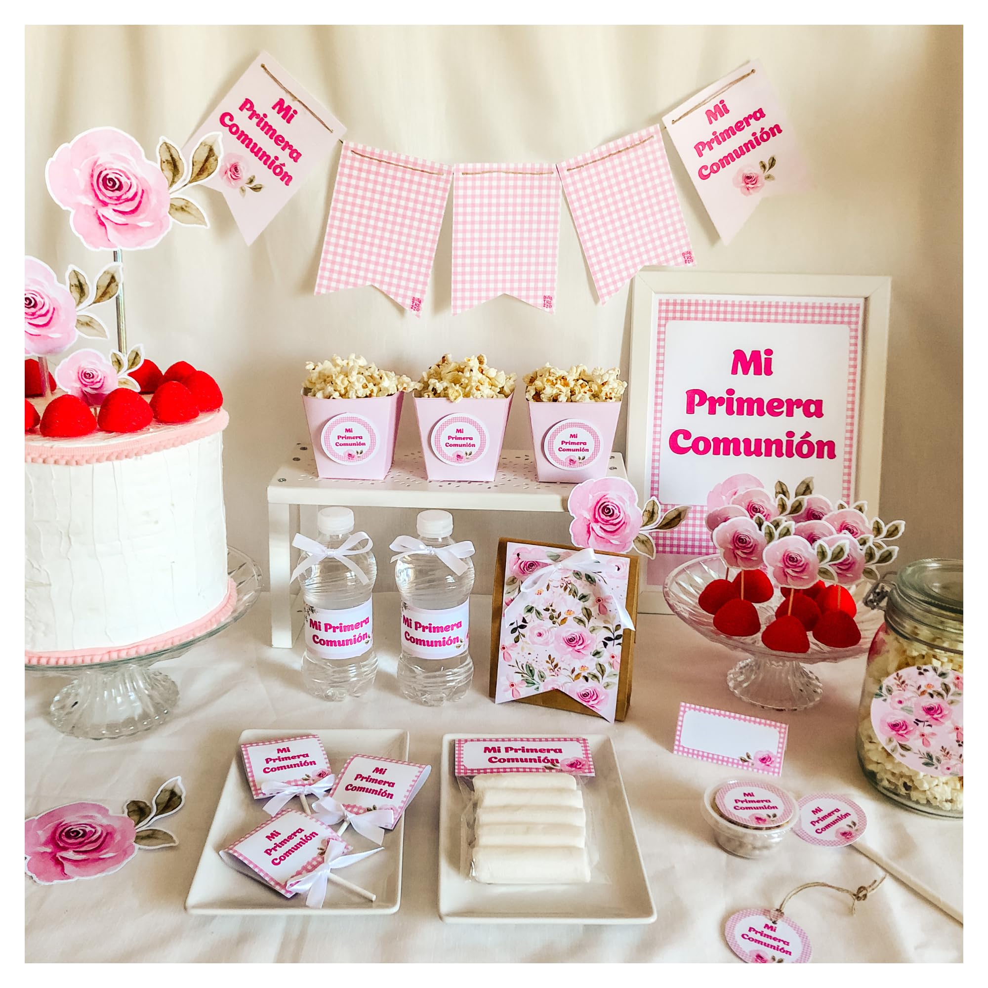 Disatrezzo Caja de Decoración Para Comunión Niña Estampado Vichy Rosa y Flores, Papeleria Decorativa Para Montar Fiesta de Comunión y Mesa de Chuches
