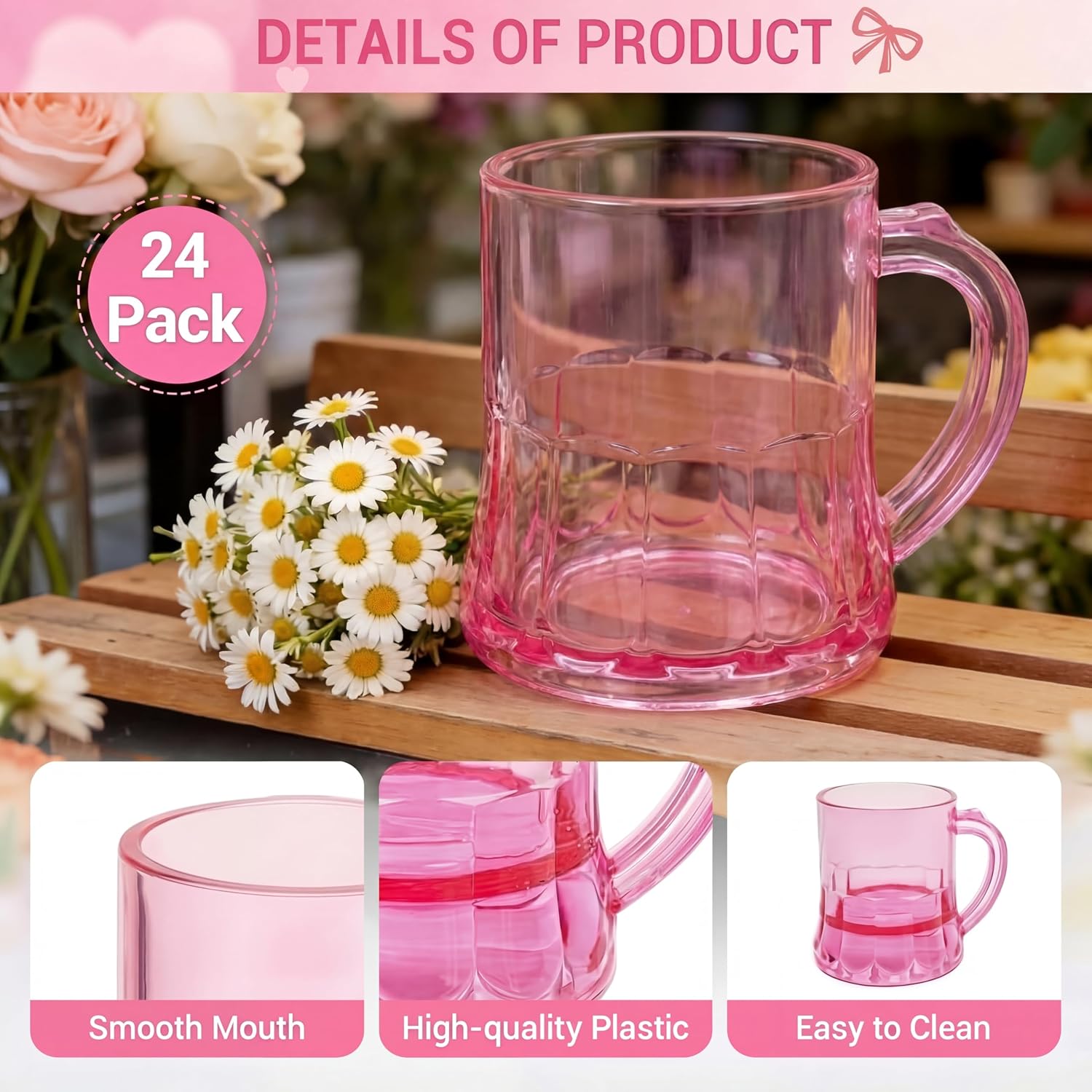 Sieral 24 Pcs Mini Plastic Beer Mug Bulk 1 oz 30ml Pink Shot Glasses with Handles Miniature Tasting Cups for Whiskey Tequila Vodka Birthday Bachelorette Festival Party Supplies