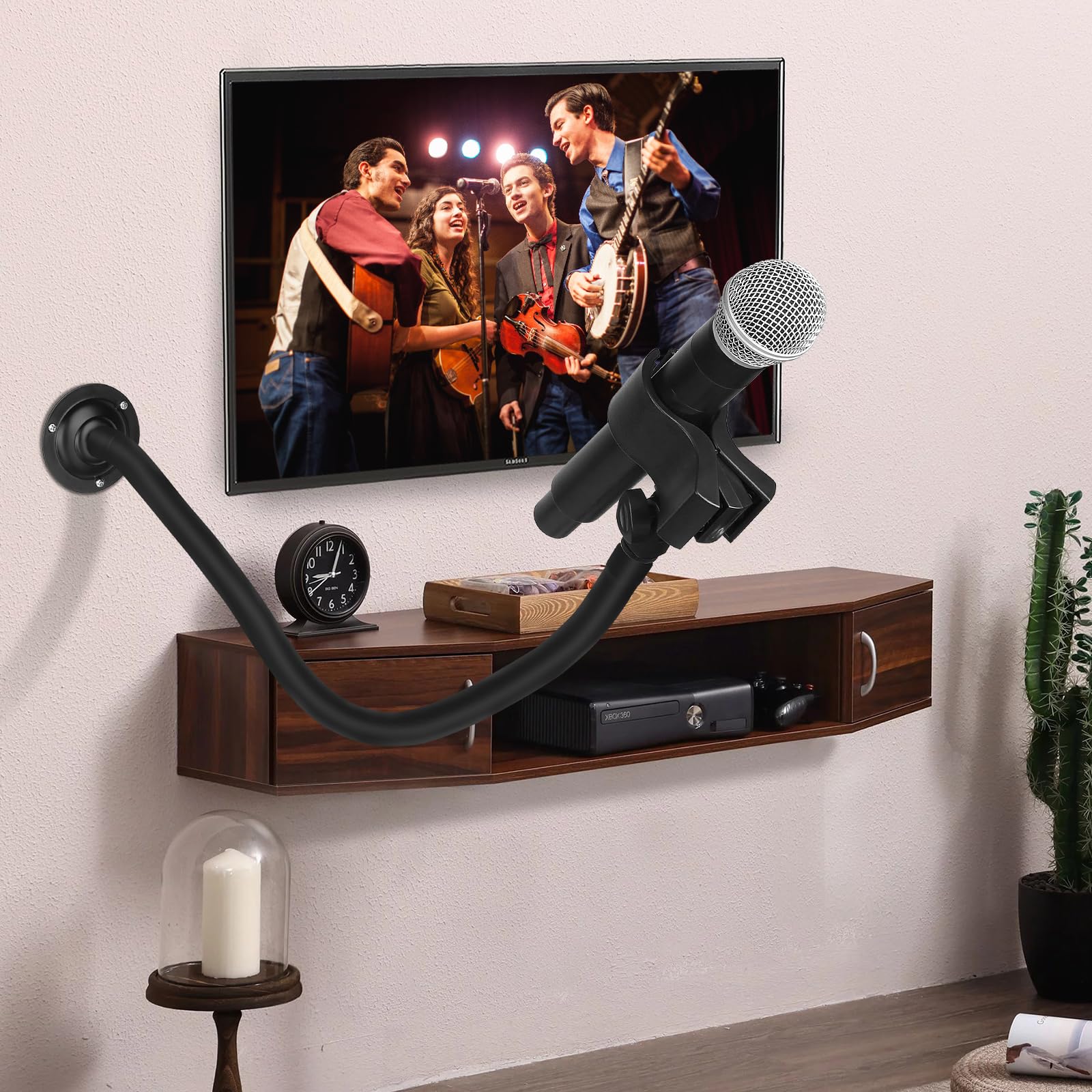 Soporte de brazo de micrófono de 23.6 pulgadas de largo, soporte de pared para brazo de micrófono, clip de micrófono de base de metal de 3/8 a 5/8 pulgadas adaptador para paredes/mesa/podio,