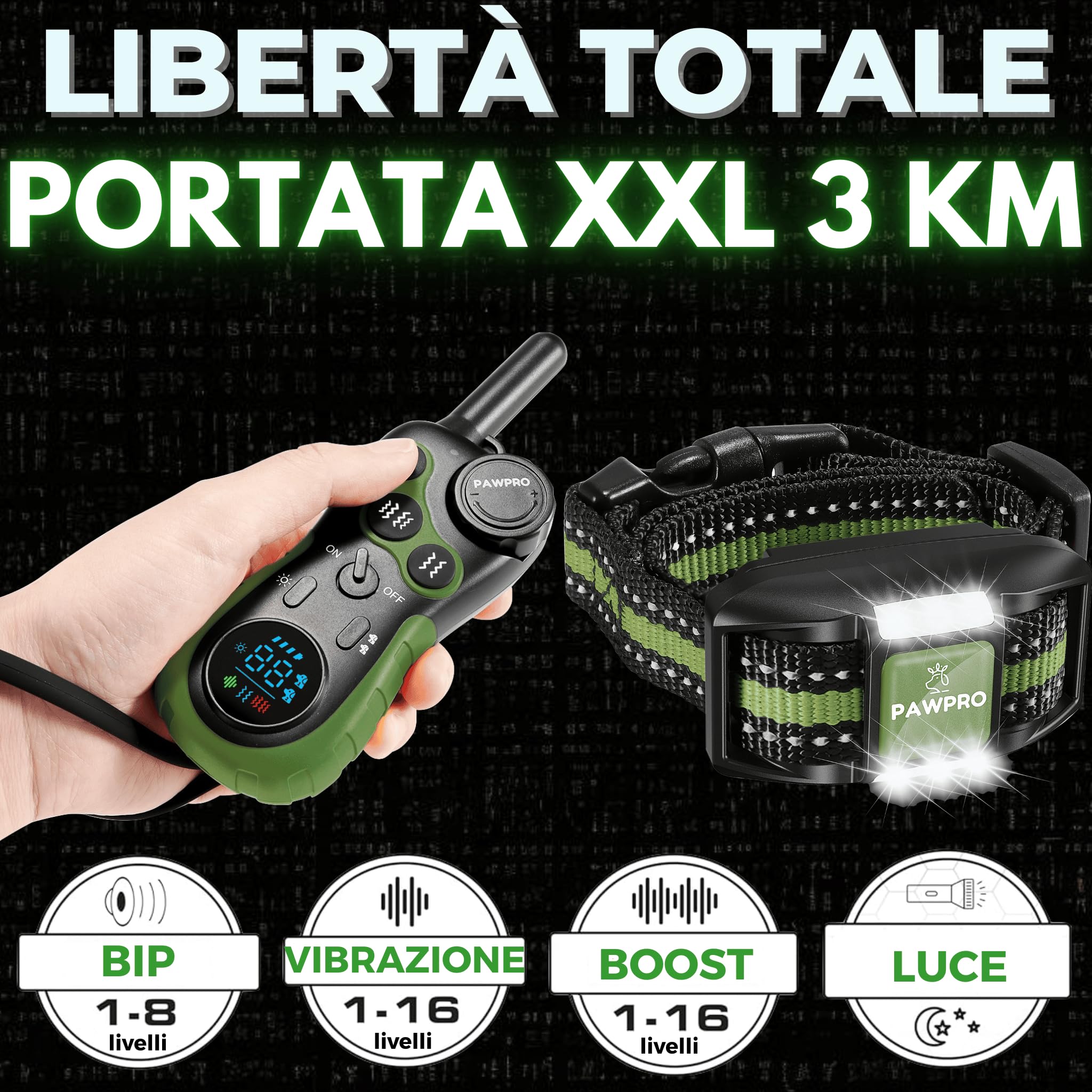 PAWPRO Collare di Addestramento, Conforme Nuova Legge Italiana Benessere Animale, Portata XXL 3 km, Modalità Luce Notturna, BIP Vibrazione Potenziata, Adatto Tutti Cani, Impermeabile (1 Collare)