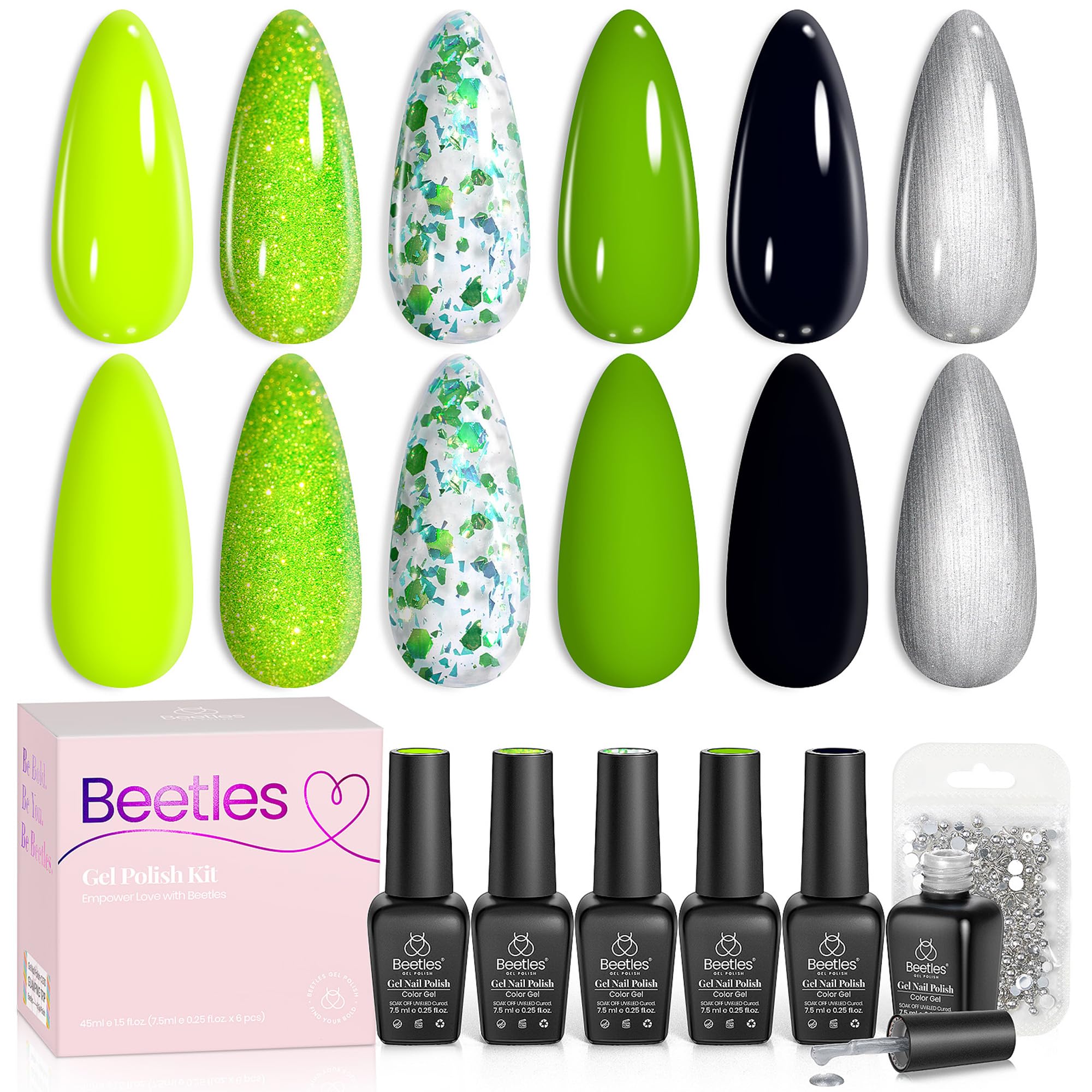 Beetles Neon Green Gel Nail Polish Set, 6 Color Glitter Silver Brat Tribe Gel Polish with Rhinestones for DIY Nail Art Festival Manicure Gift for Women | Brat Tribe Collection with and Rhinestones for DIY Festival Nail Art, Soak Off UV LED, Gift for Women