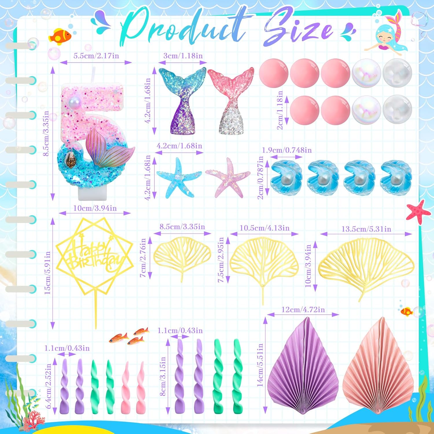 32 Pcs Mermaid Cake Toppers Under the Sea Cake Decor Sets Mermaid Tails Seaweeds Bubbles Shells Golden Ginkgo Leaves Birthday Card Candle for Birthday Wedding Party Supplies(Number 5) - Image 2
