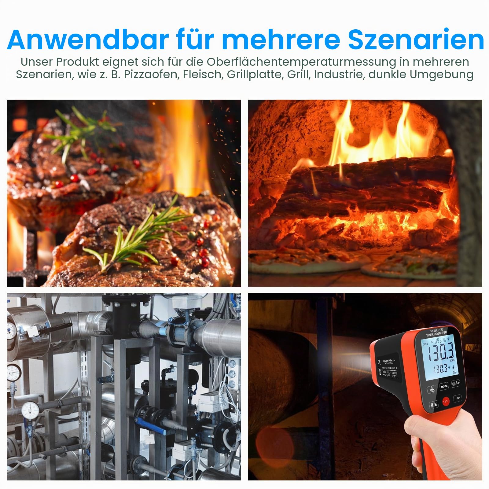Infrarot Thermometer WapoRich Pyrometer -50~1600°C, DS 30:1 Digitales Laserthermometer mit Doppel-Laser, Wiederaufladbar, für Pizza, Schmelzofen, Industrie, HVAC RQ-1600