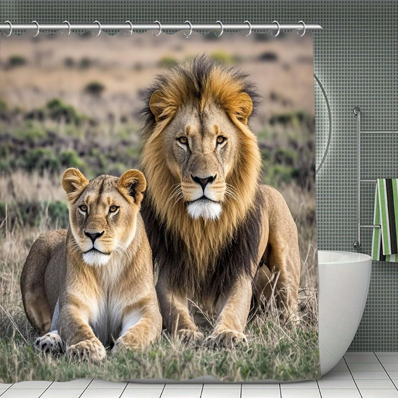 FekiLoot African Lion and Lioness Shower Curtain Minimalist Thick Bathroom Curtain Washable Modern Bathroom Shower Curtain Heavy Duty Waterproof Cloth Bath Curtain with Hooks 70.8"x70.8"