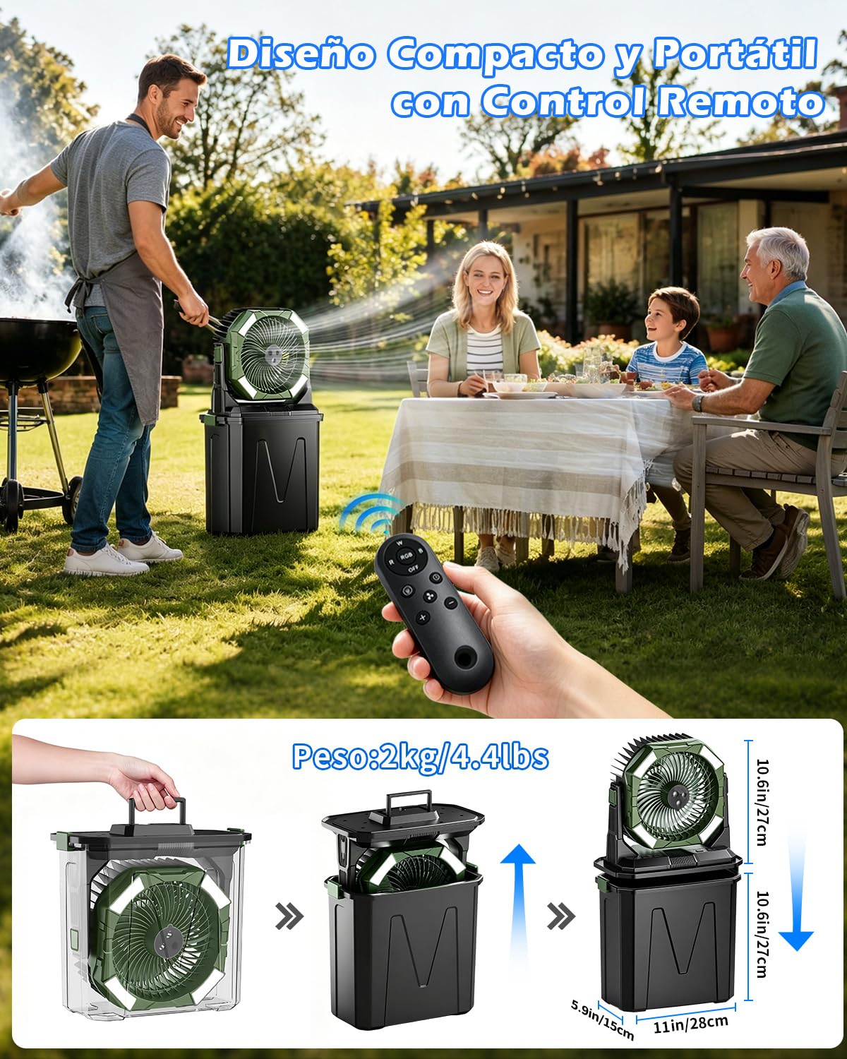 yAyusi 10L Ventilador Nebulizador Portátil Grande para Exteriore con Luz RGB, 3-en-1 20000mAh Ventilador Recargable con Control Remoto y Temporizador,4 Velocidade Modo Pulverización para Patio (Verde)