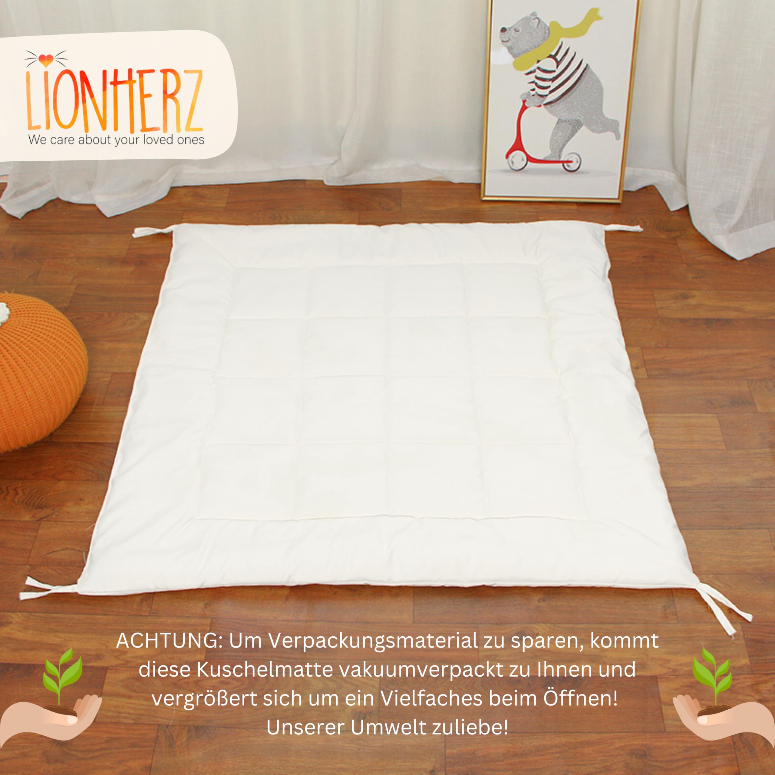 LIONHERZ® Tappetino Tipi con nastri, 120 x 120 cm, coperta imbottita per tenda da gioco/casetta dei giochi, morbida coperta quadrata per bambini, inserto trapuntato/base per legare (bianco brillante)