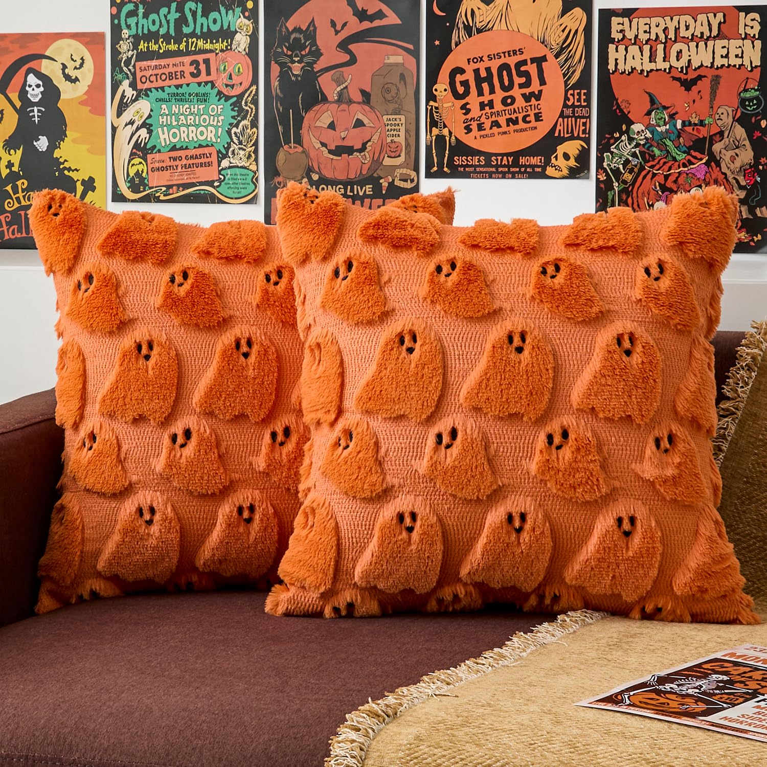 Kevin Textile Halloween Throw Pillow Covers 18x18 Inch Set of 2 Ghost Spooky Faux Fur Pillow Covers Soft Fluffy Plush Accent Pillow Cases for Chair