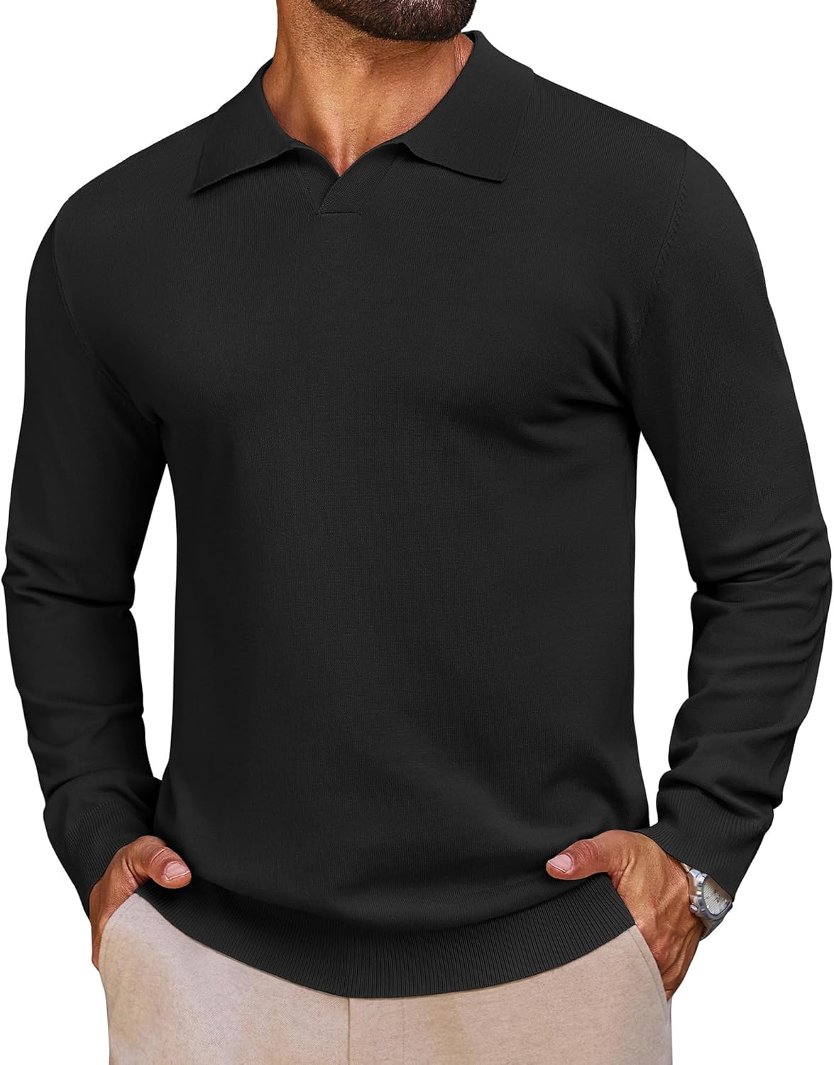 lexiart Mens Knit Polo Shirts Long Sleeve V Neck Breathable Soft Casual Lightweight Solid Color Golf Shirts