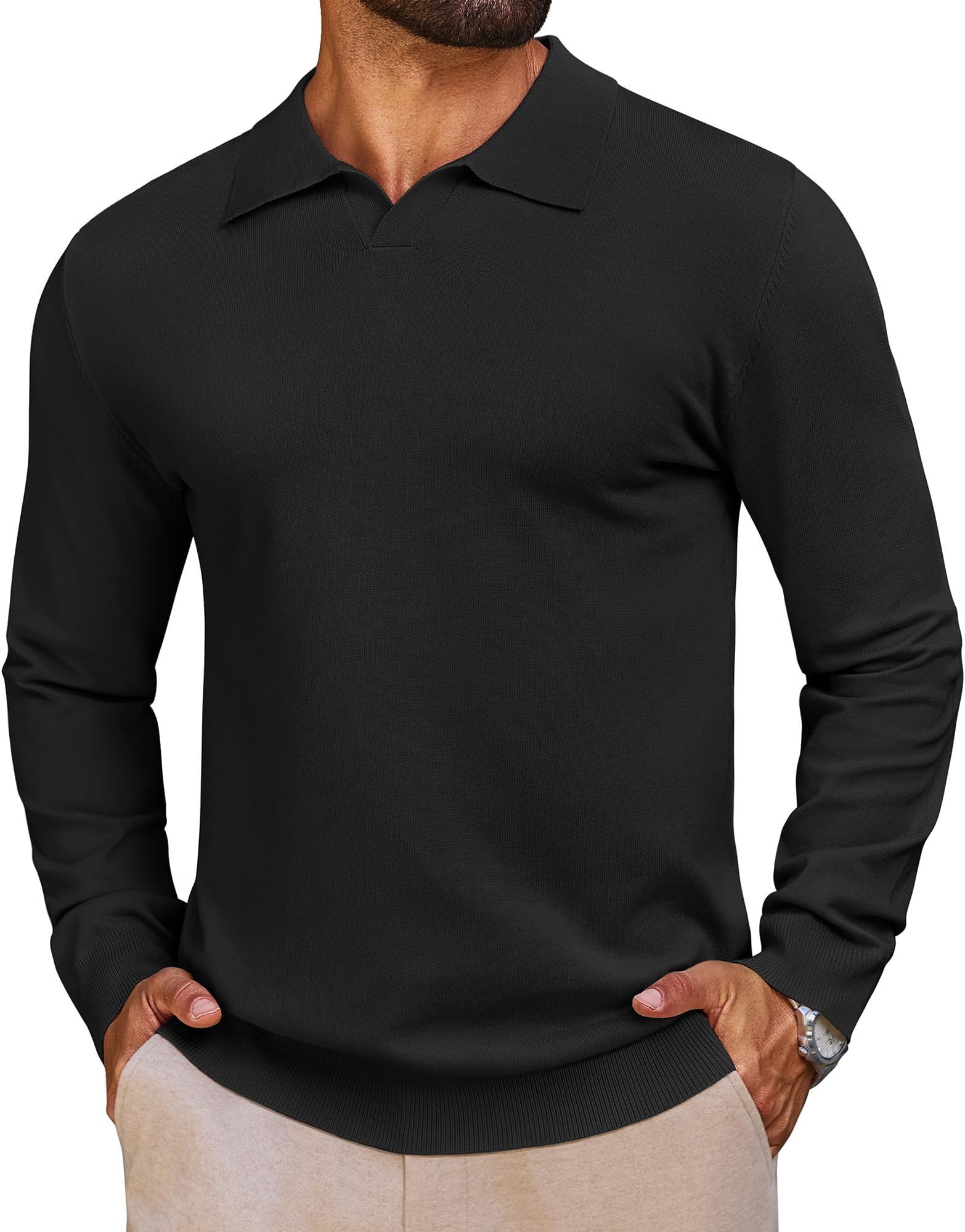 Mens Knit Polo Shirts Long Sleeve V Neck Breathable Soft Casual Lightweight Solid Color Golf Shirts