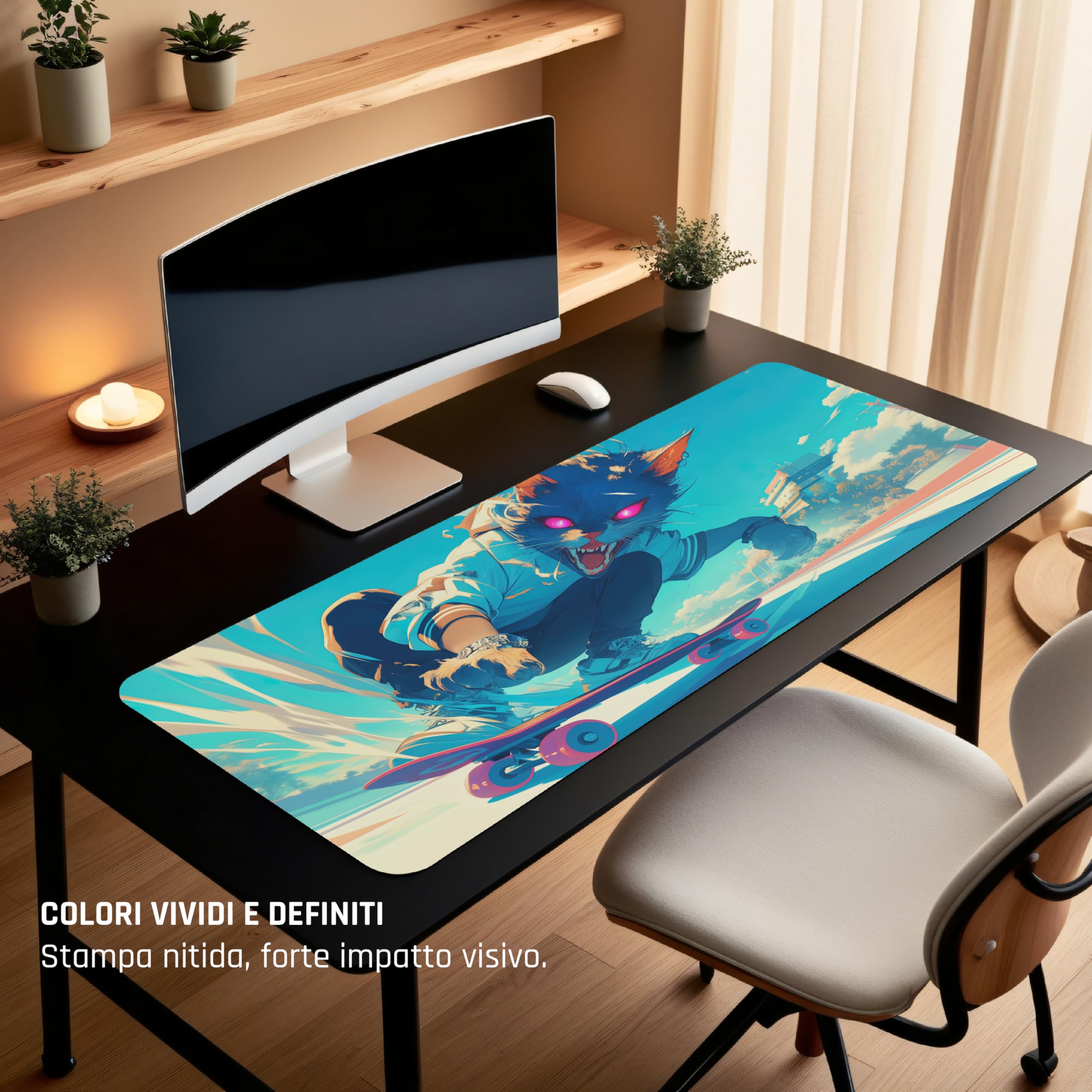 TRYNOVAS Tappetino Mouse XXL 90×40 cm (3mm) – Anime Gatto Skater Cyberpunk – Tappetino Gaming Grande, Base Antiscivolo, Bordi Cuciti, Desk Pad per PC e Setup Gamer