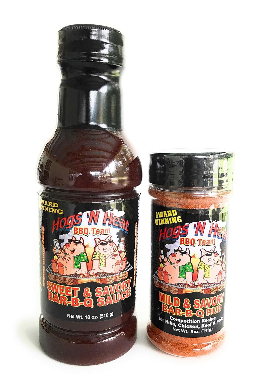 Hogs ‘N Heat Sweet & Savory Bar-B-Q Sauce (18 Ounce Bottle) and Mild & Savory Rub (5 Ounce Shaker) with Award Winning Competition Recipe-Great BBQ Combo--Flavor/Spices for Grill, Smoker, Camping