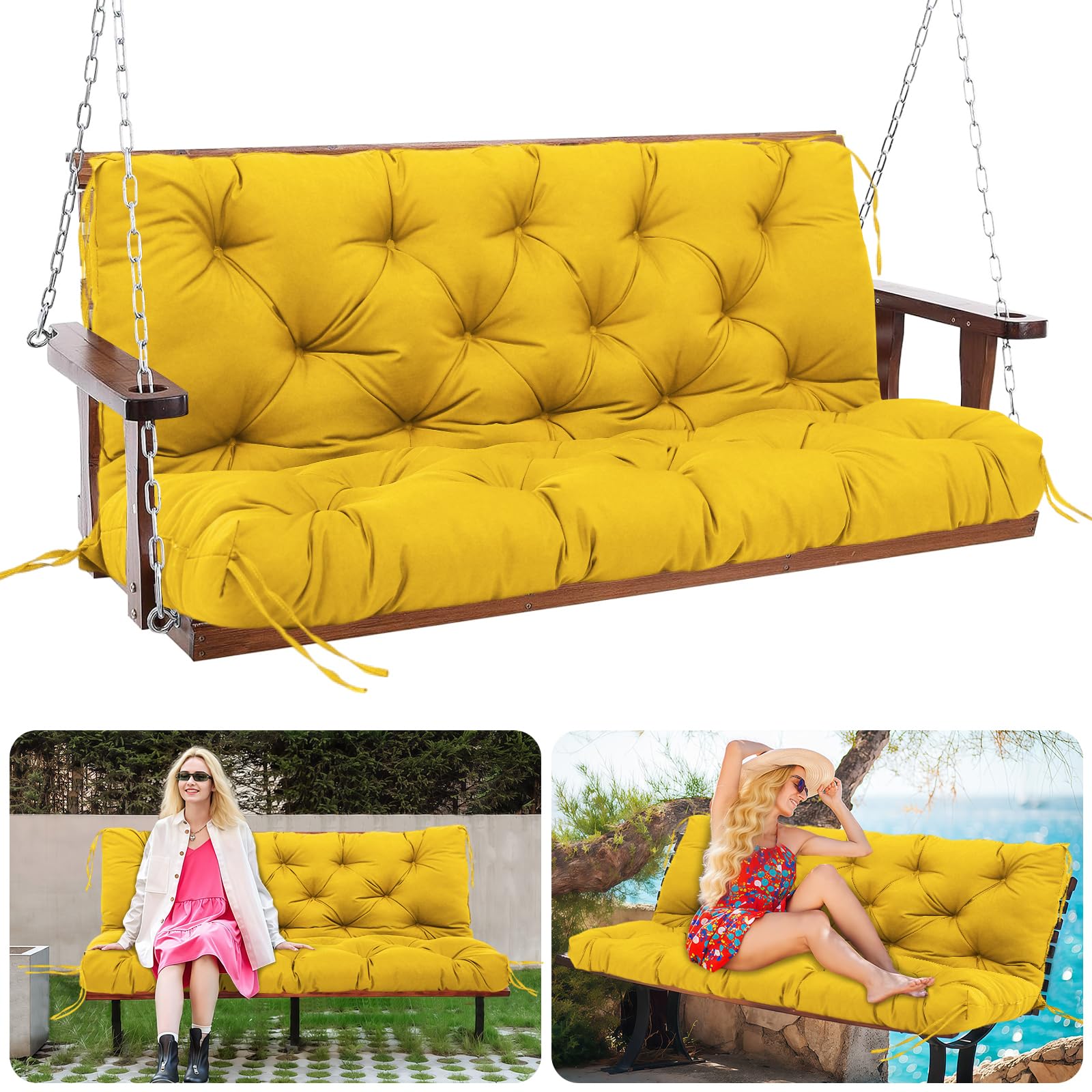MQGHJ Garden Swing Cushions 100cm Outdoor Swing Cushions 2 Seater Swing Seat Cushions Waterproof 12cm Thick Garden Bench Cushions for Patio Porch Indoor(Yellow-100x100cm)