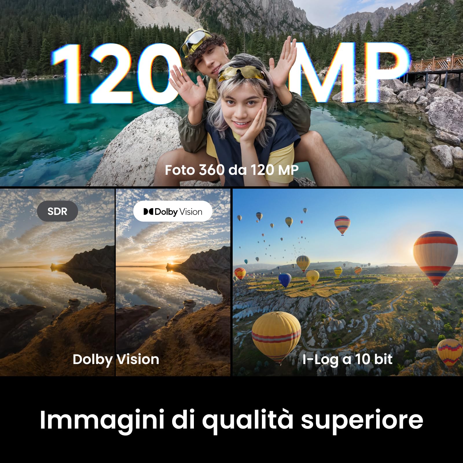Insta360 X6 - Action cam 360 8K con sensori da 1/1,1″, Nero notte | Videocamera, doppio sensore quadrato personalizzato da 1/1,1″, triplo chip IA, lenti sostituibili 2.0, 140 min di video in 8K